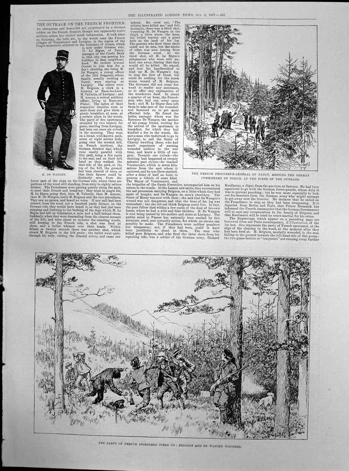 Old Antique Print Outrage French Frontier Brignon De Wangen Wounded 1887 19th