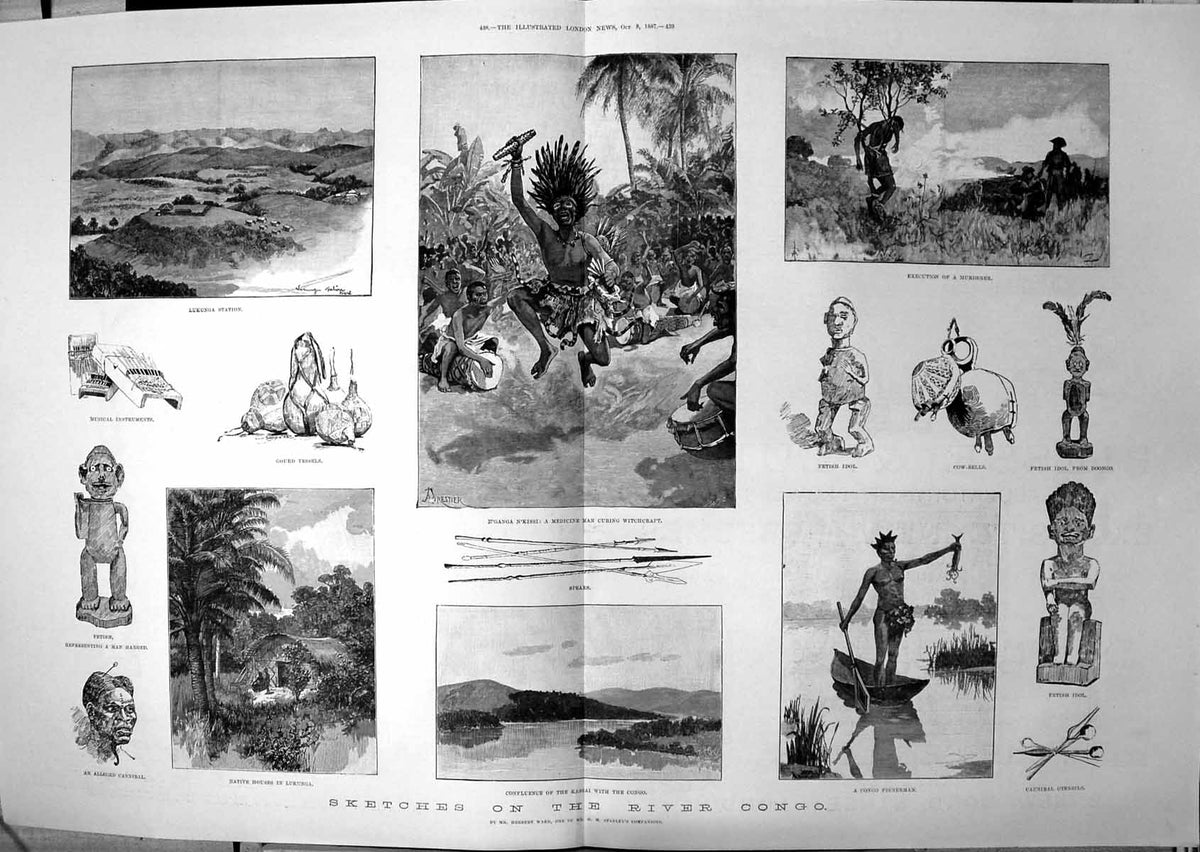 Old Sketches River Congo Lukunga Station Confluence Kassai Congo 1887 19th