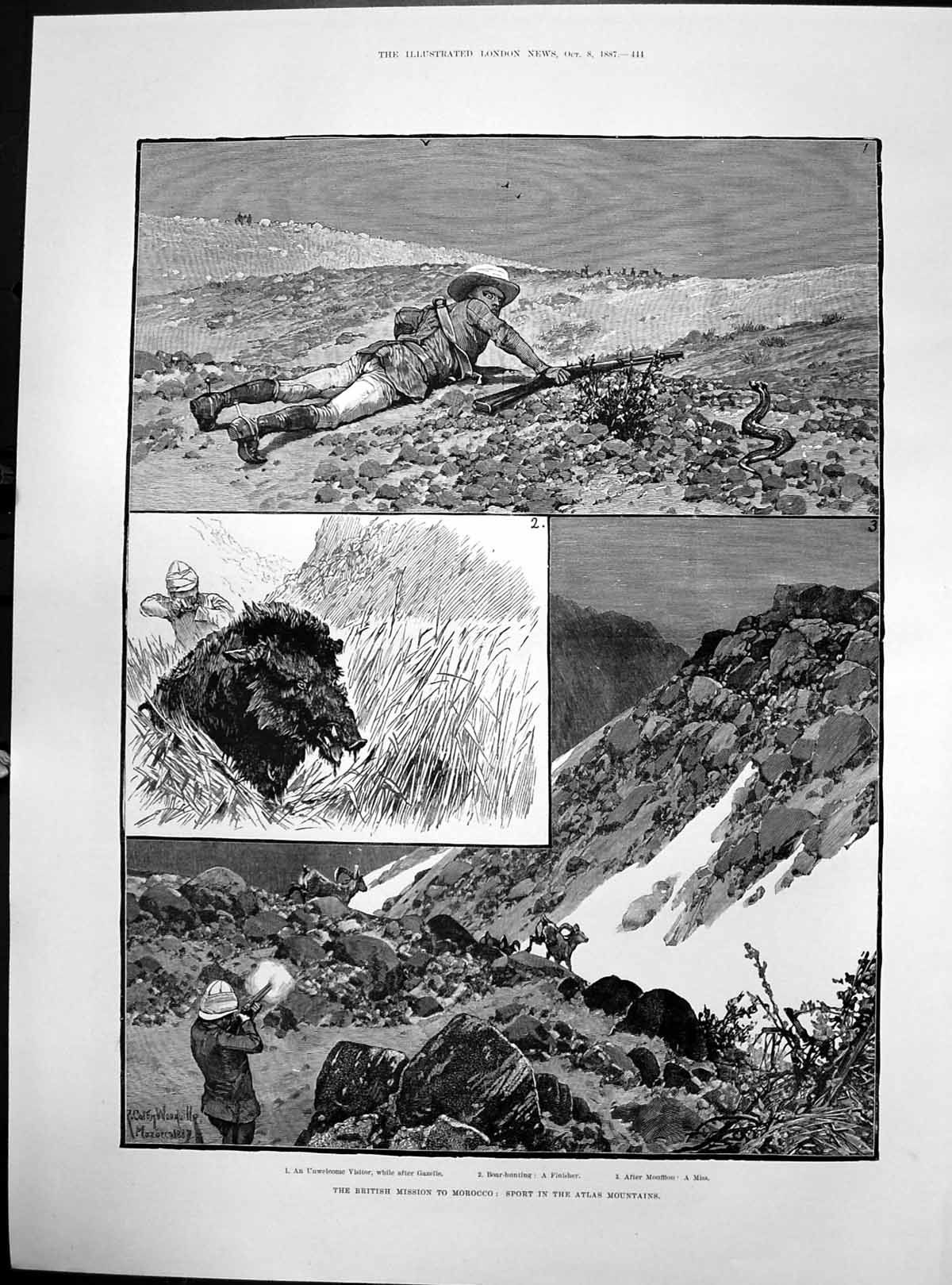 Old Print British Mission Morocco Sport Atlas Mountains Boar Hunting 1887 19th