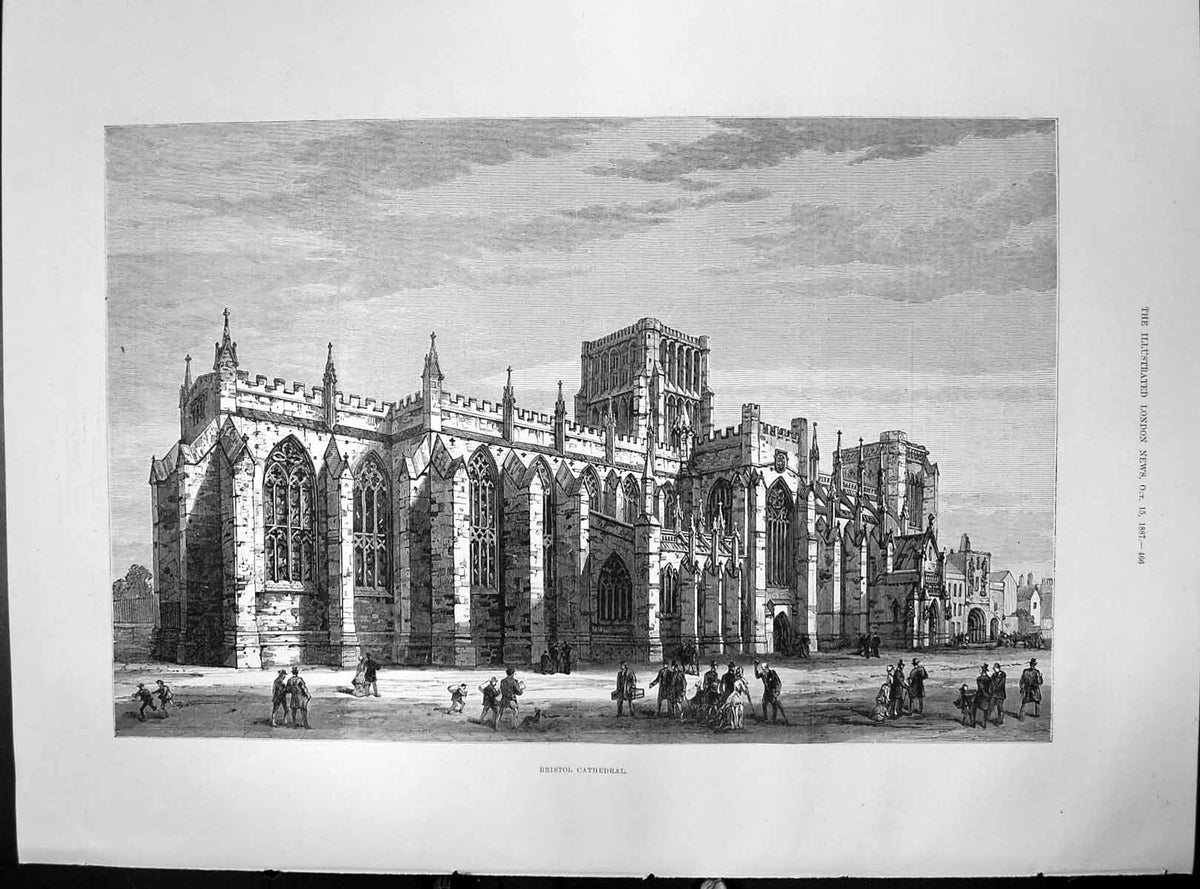 Old Antique Print Exterior Bristol Cathedral Augustinian Monastery 1887 19th