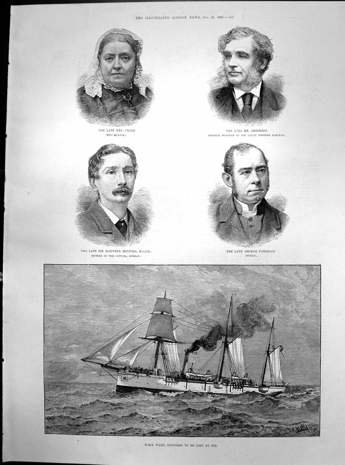 Antique Old Print Hms Wasp Supposed Lost Sea George Fordham Mr Grierson 1887