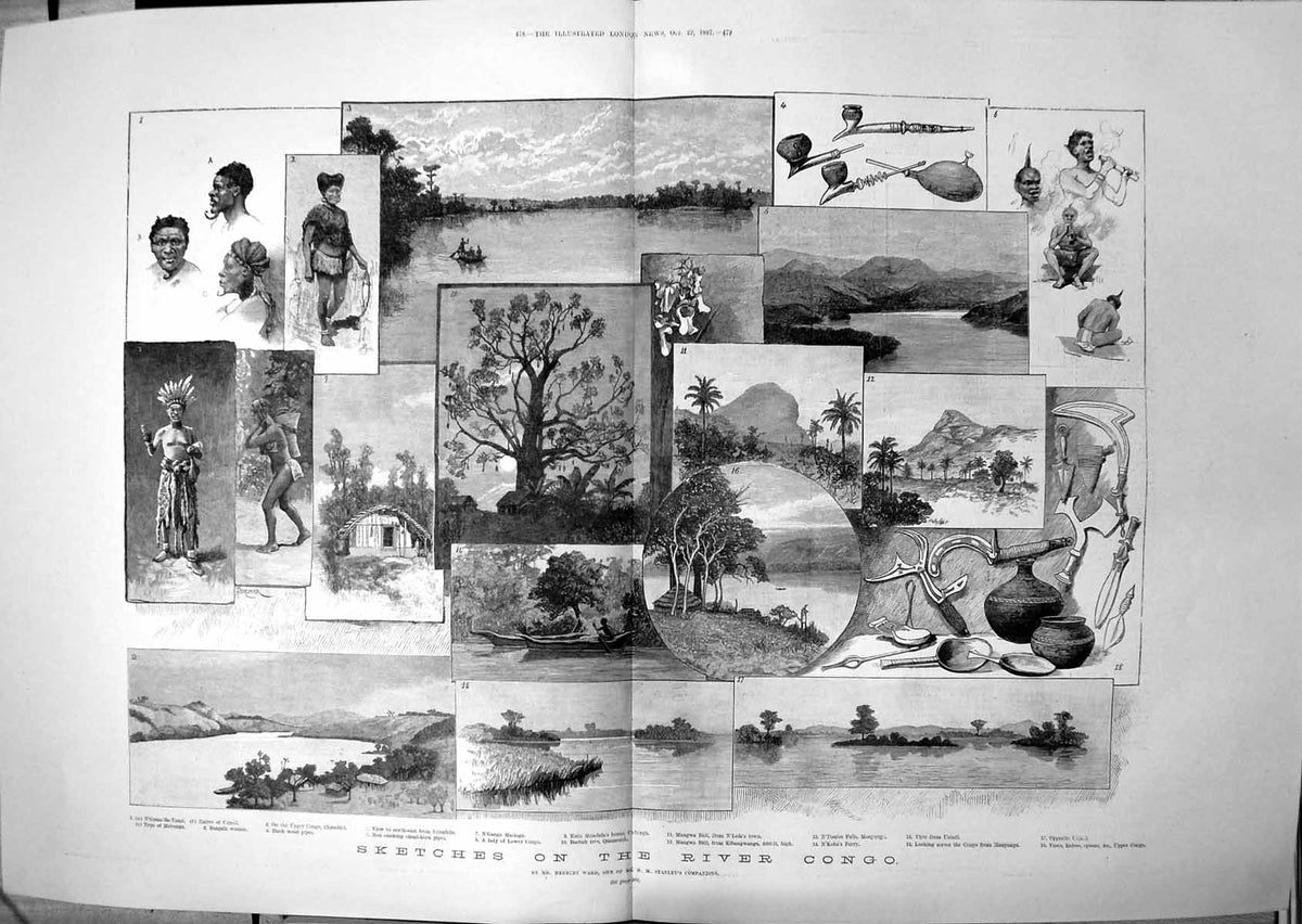 Antique Print Sketches River Congo Bangala Woman Kuta Mundalas House 1887 19th