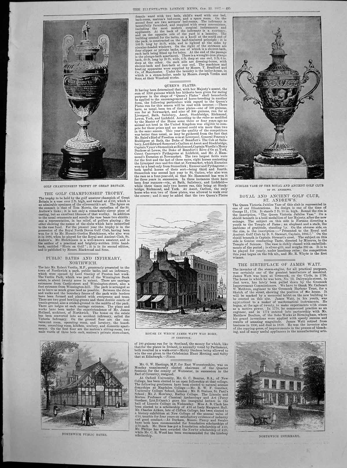 Antique Print Northwich Infirmary Baths House James Watt Born Greenock 1887