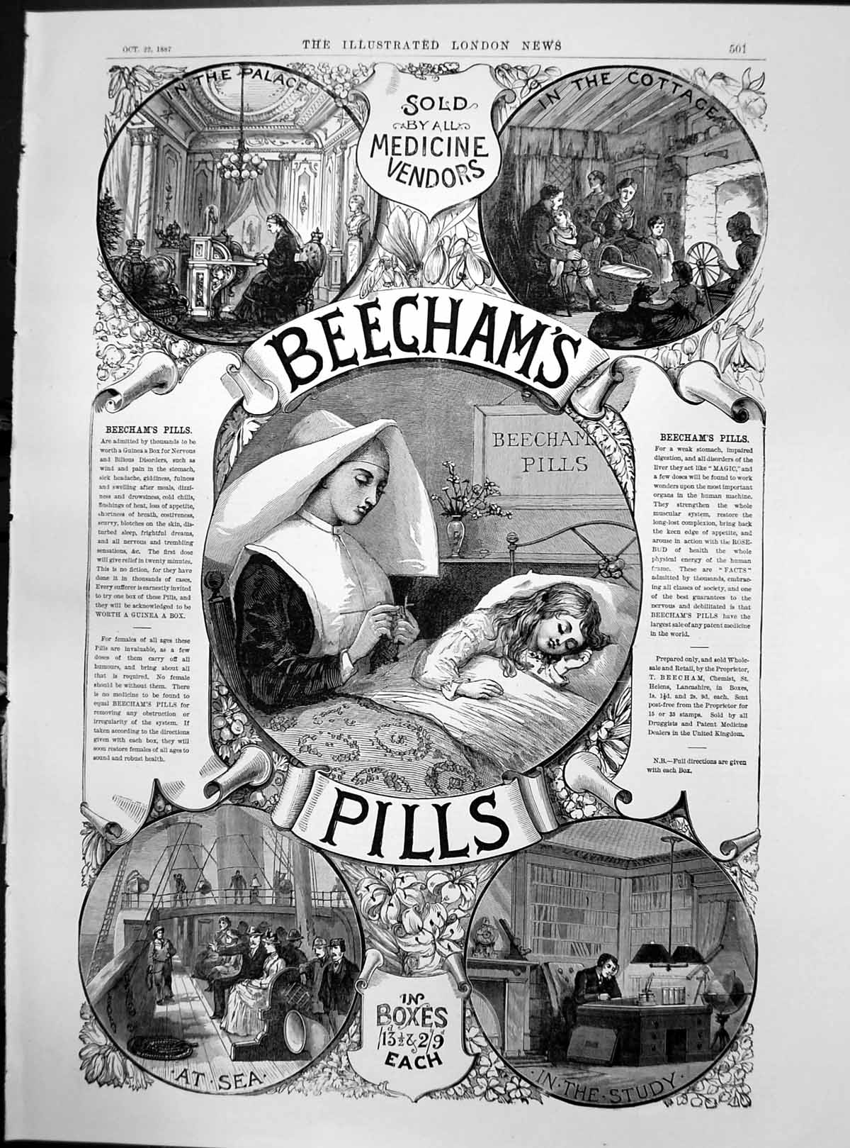 Antique Print Beechams Pills SMedecine Vendors Palace Cottage Sea Study 188