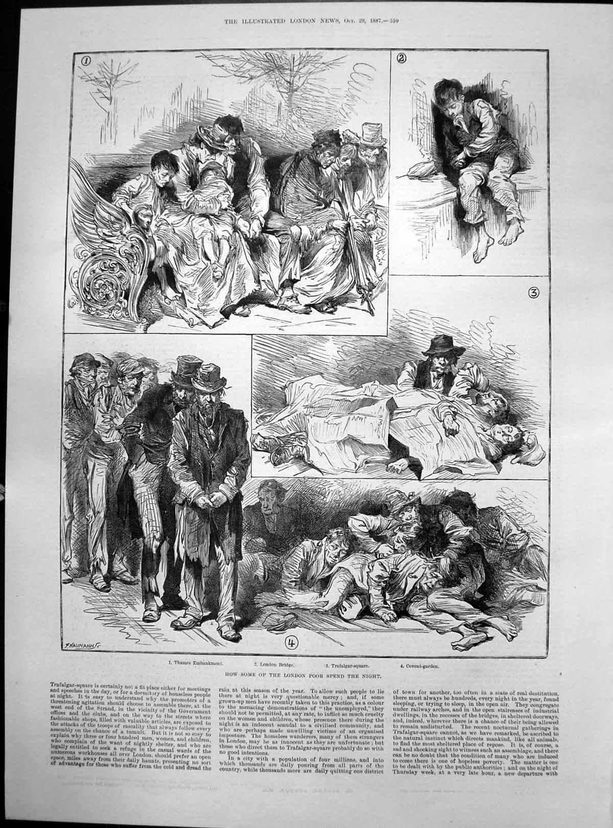 Antique Print London Poor Spend Night Thames Embankment London Bridge 1887 19th