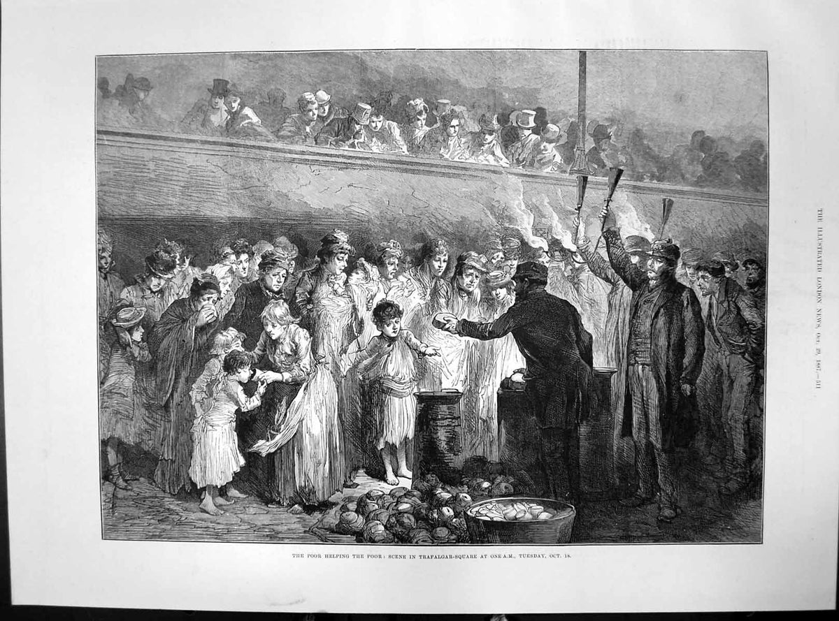 Old Print Poor Helping Poor Scene Trafalgar SquareAmgiving Bread 1887