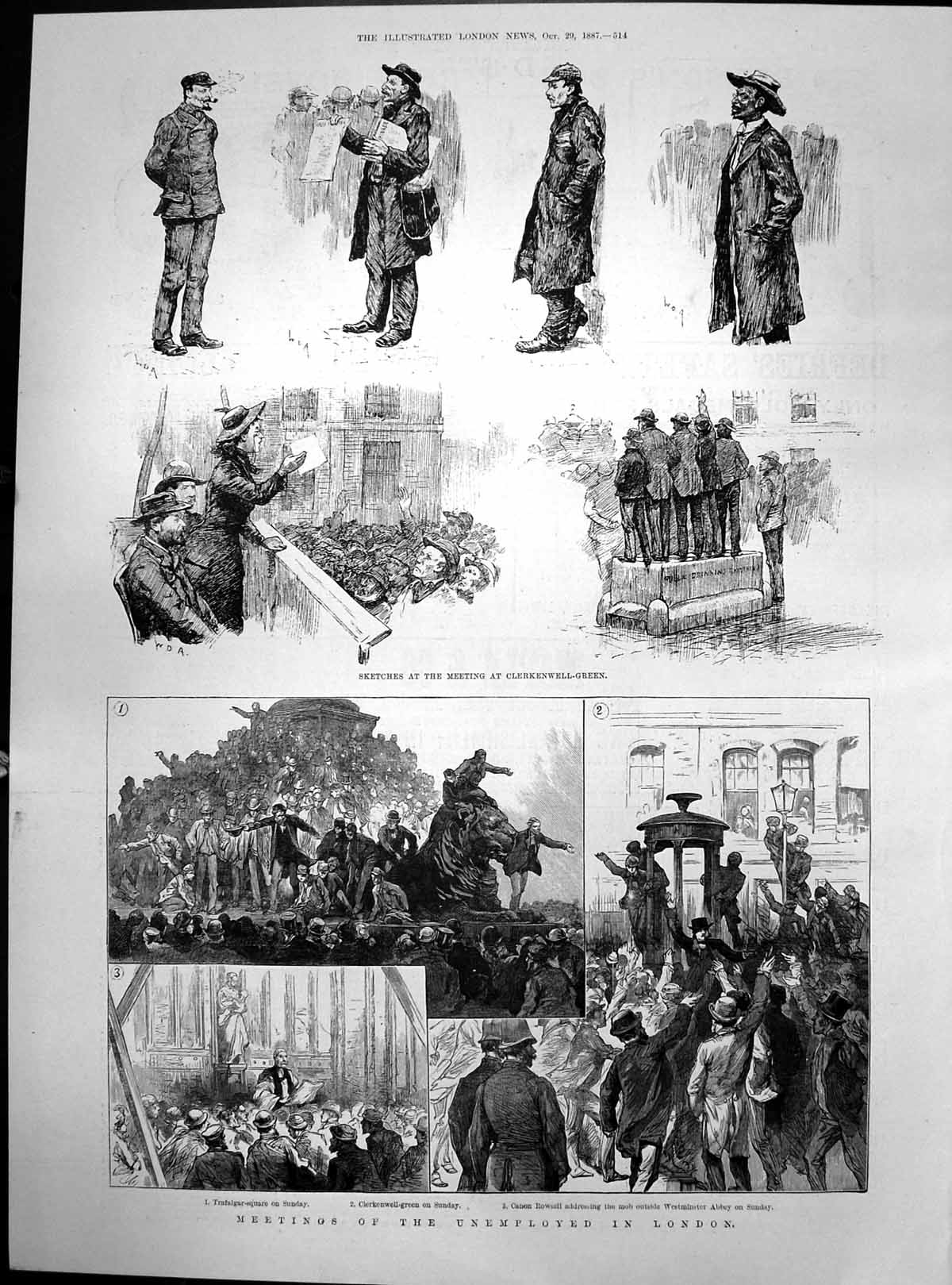Antique Print Meetings Unemployed London Canon Rowsell Addressing Mob 1887 19th