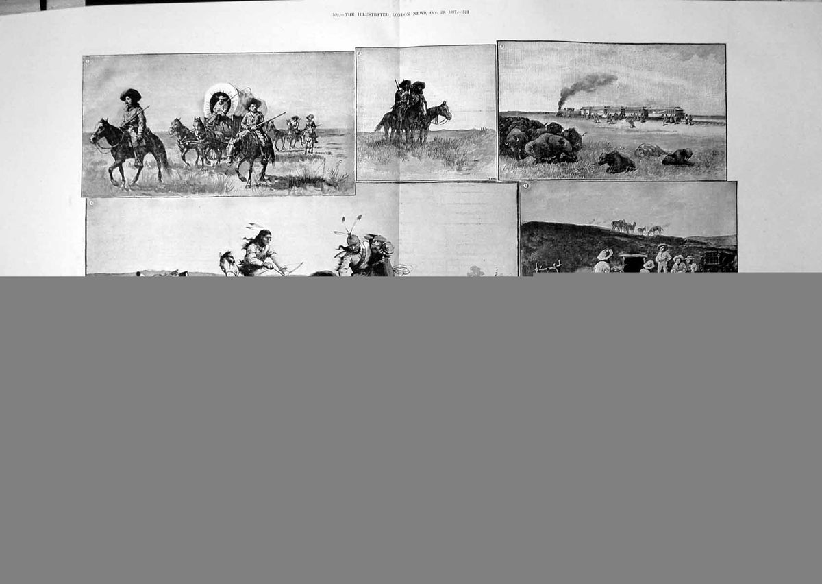 Old Print Buffalo Hunting North America Camp Bone Hunters Slaughter 1887 19th