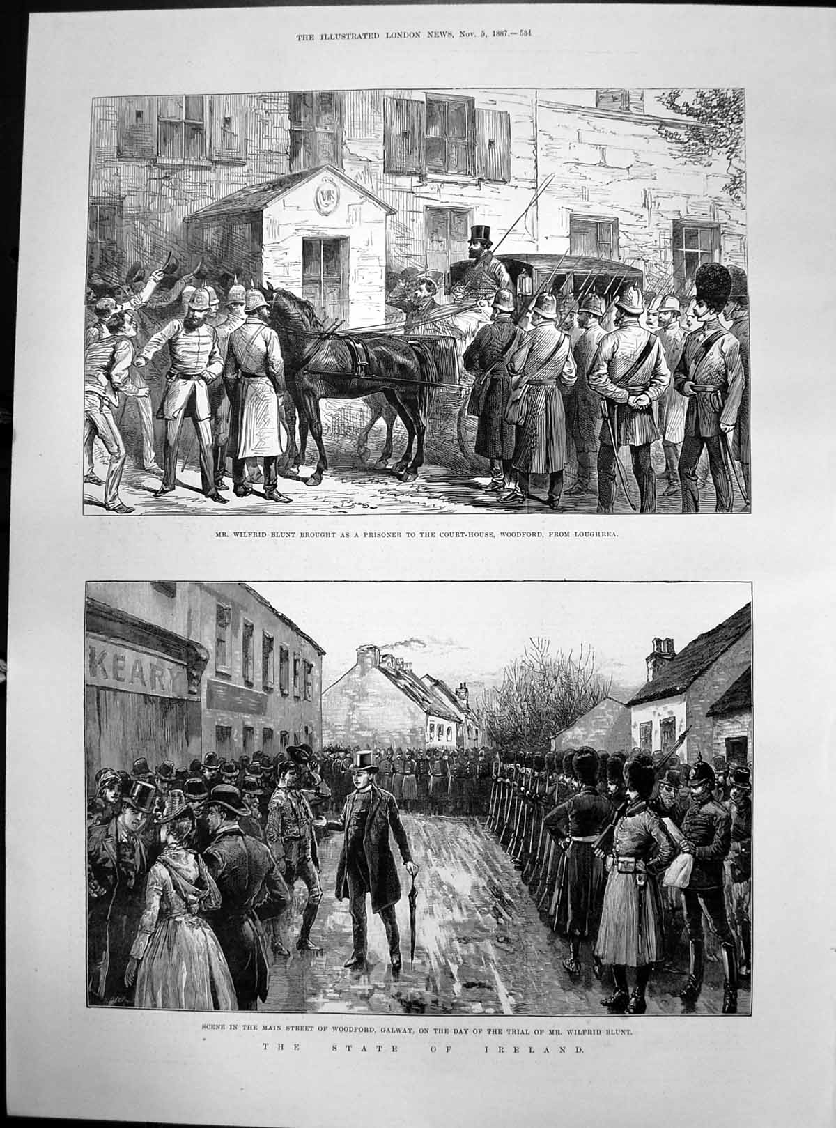 Old Print State Ireland Main St Woodford Galway Trial Wilfrid Blunt 1887 19th