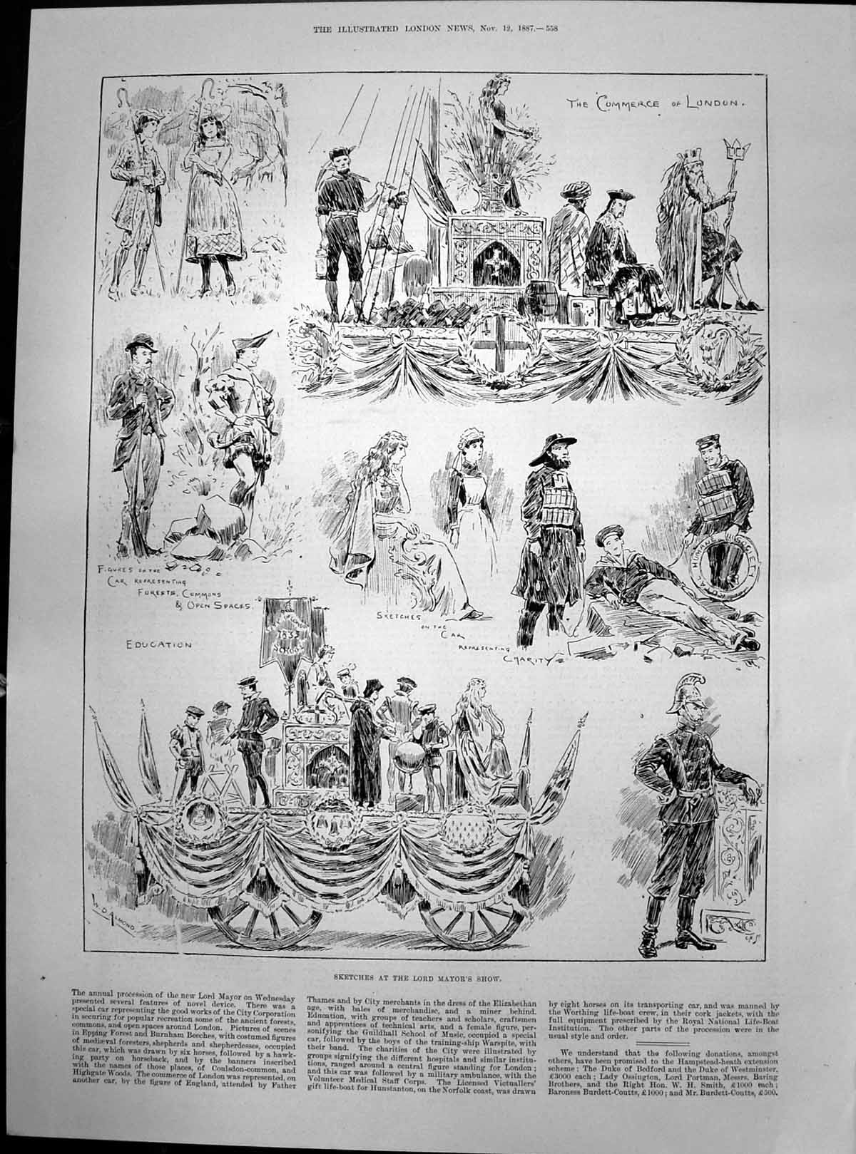 Antique Old Print Sketches Lord Mayors Show Commerce London Car Charity 1887