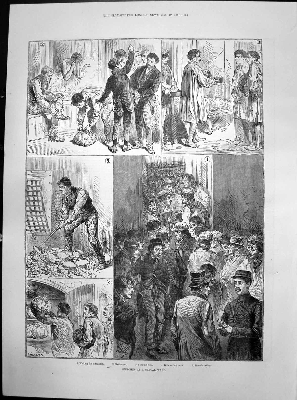 Antique Old Print Casual Ward Waiting Admission Bathroom Sleeping Cells 1887