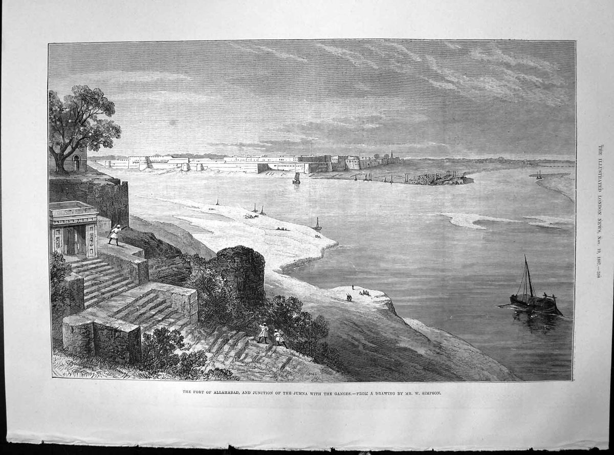 Original Old Antique Print Fort Allahabad Junction Jumna Ganges W Simpson 1887