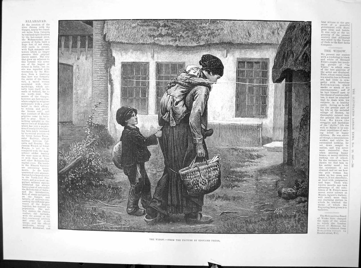 Old Print Widow Edouard Frere Woman Basket Small Boy Carrying Child 1887 19th