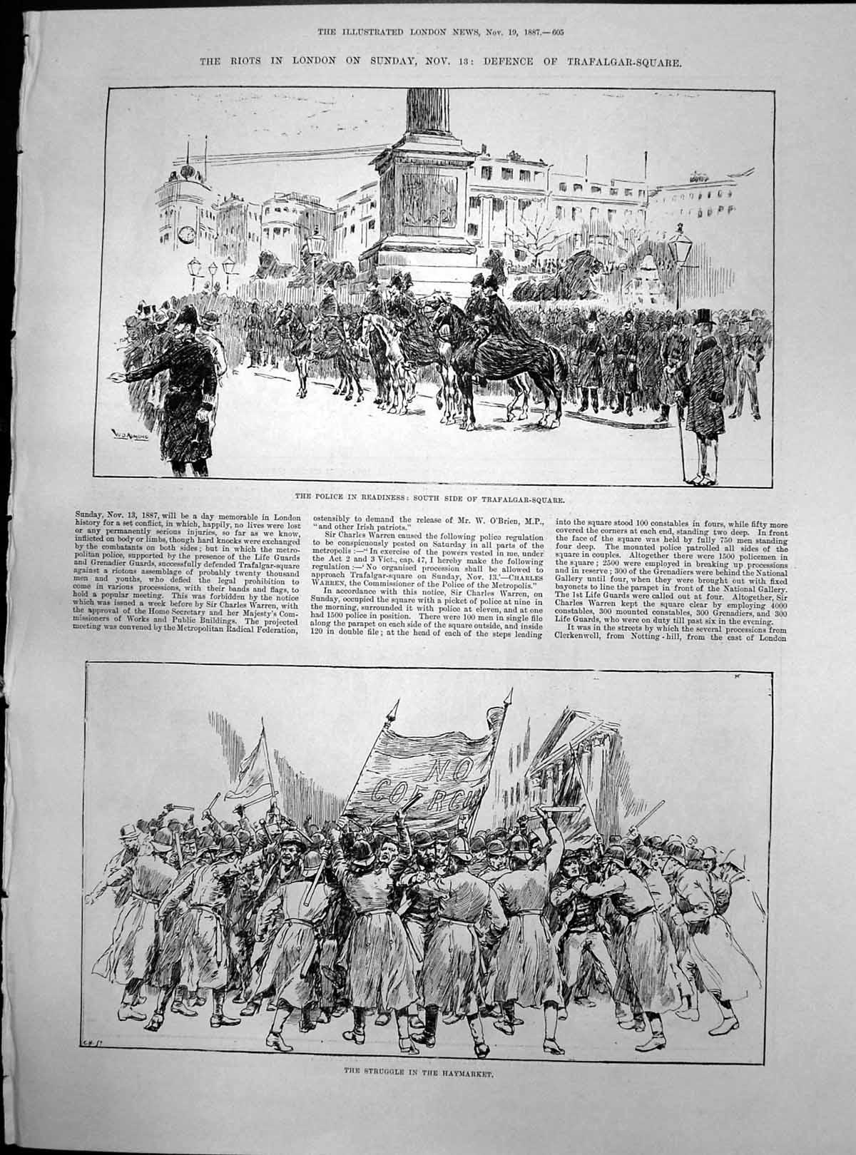 Antique Print Riots London Trafalgar Square Mr Marsham Police Banners 1887 19th
