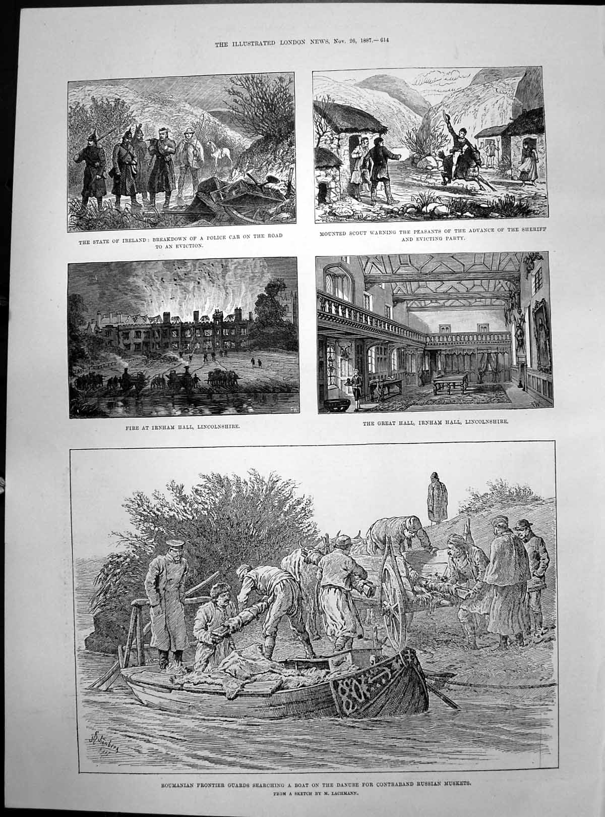 Antique Print Roumanian Guards Search Boat Danube Muskets Irnham Hall 1887 19th