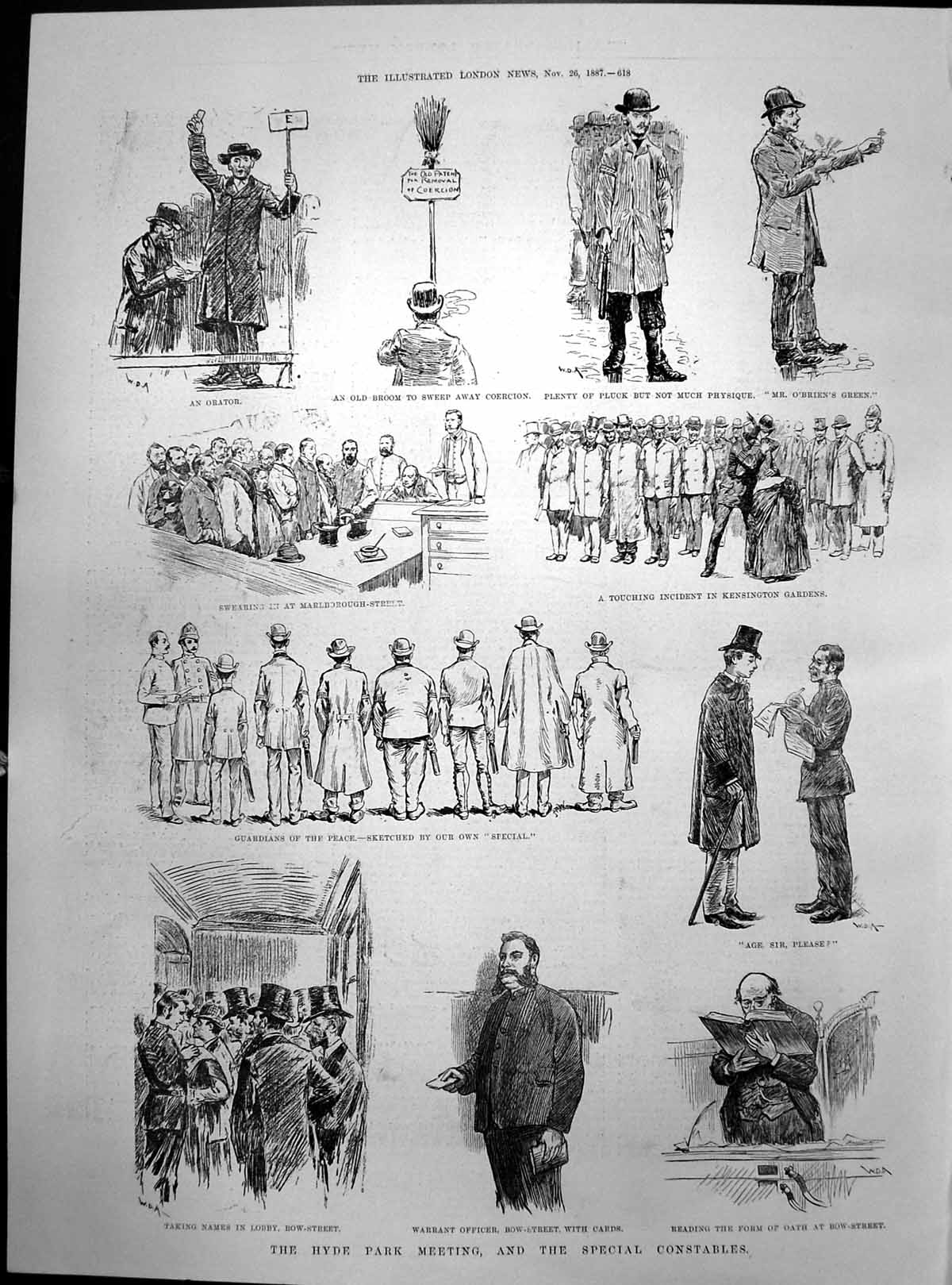 Old Print Hyde Park Meeting Special Constables Warrant Ficer Bow St 1887 19th