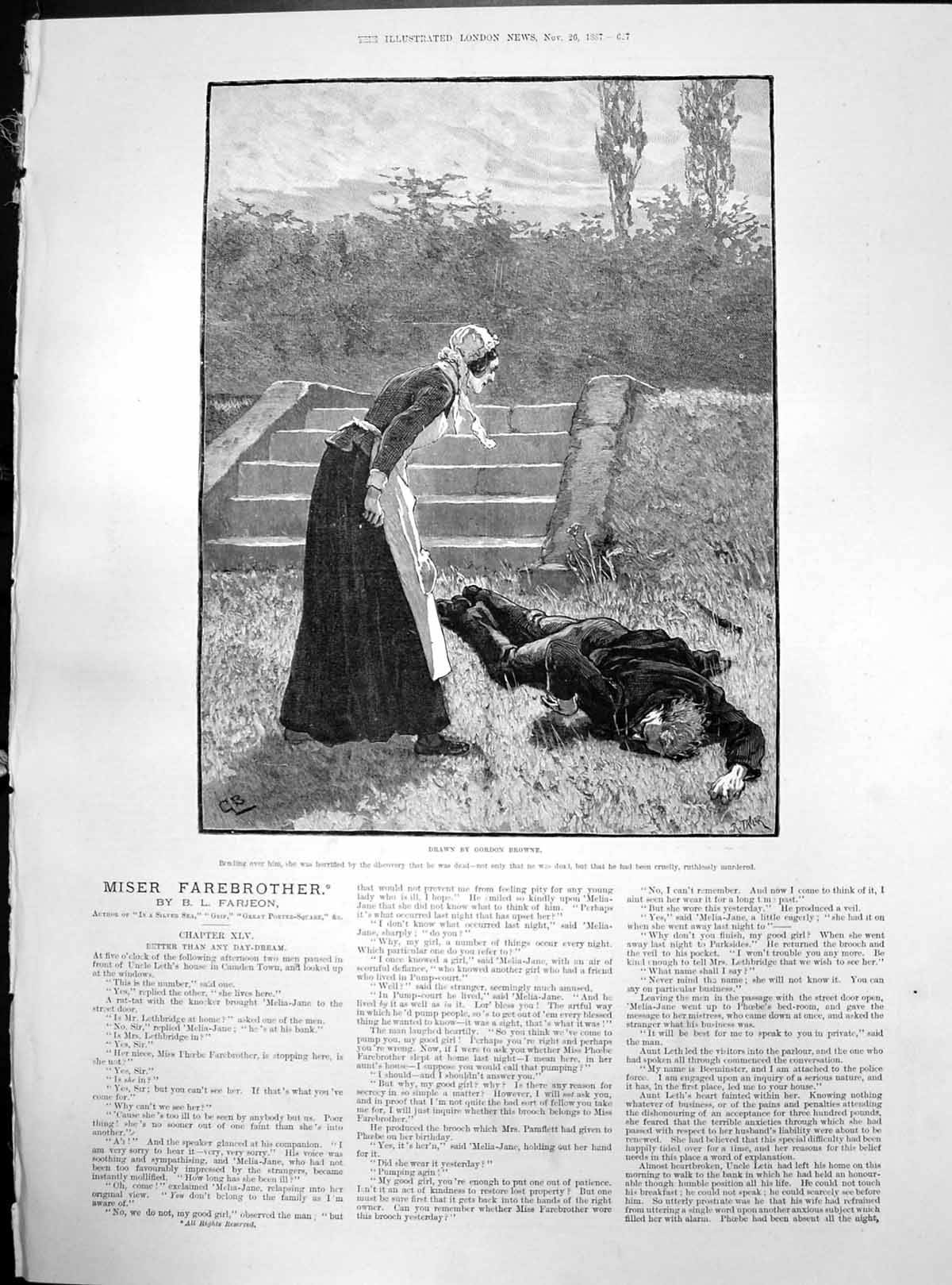 Antique Old Print Miser Farebrother Woman Bending Over Man Dead Murdered 1887