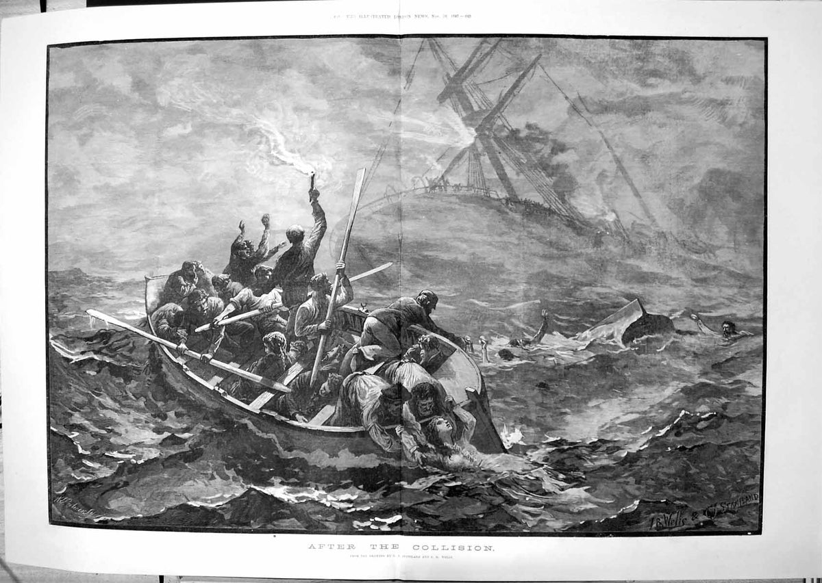 Old Print After Collision J Staniland Jr Wells Survivors Small Boat 1887 19th
