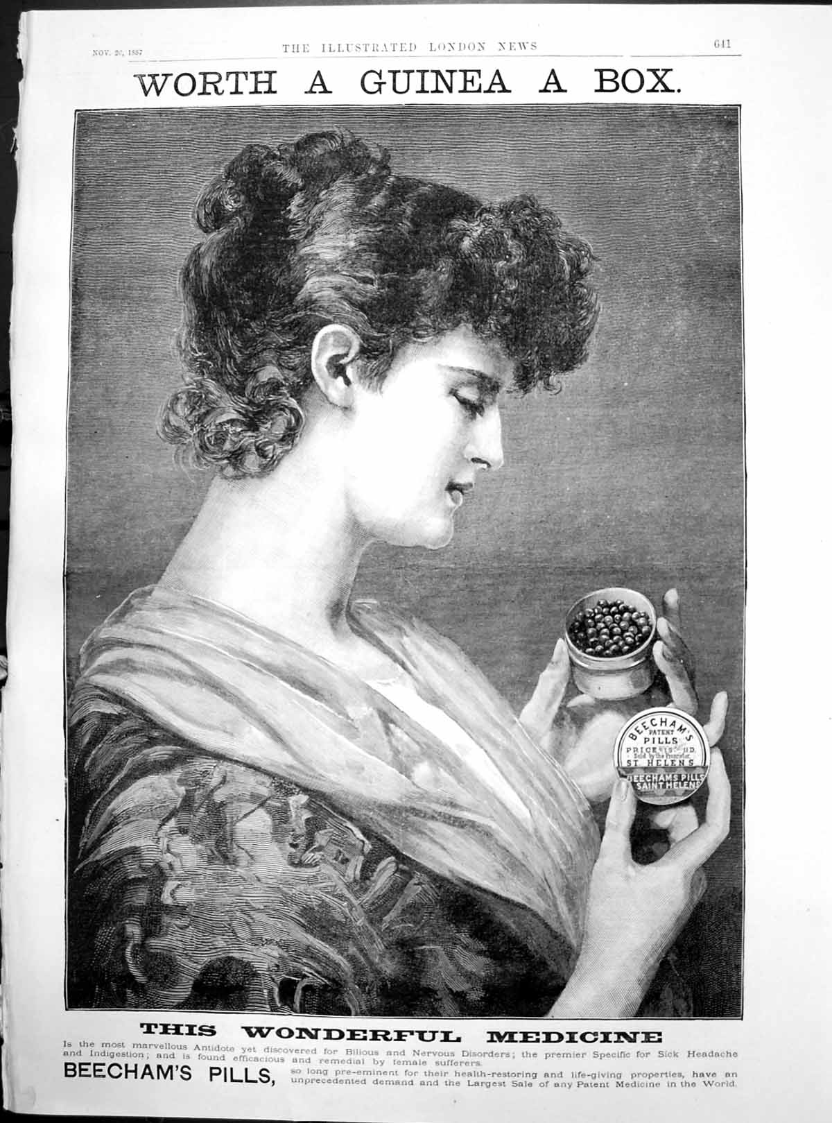 Antique Old Print Beechams Pills Wonderful Medecine Worth Guinea A Box 1887