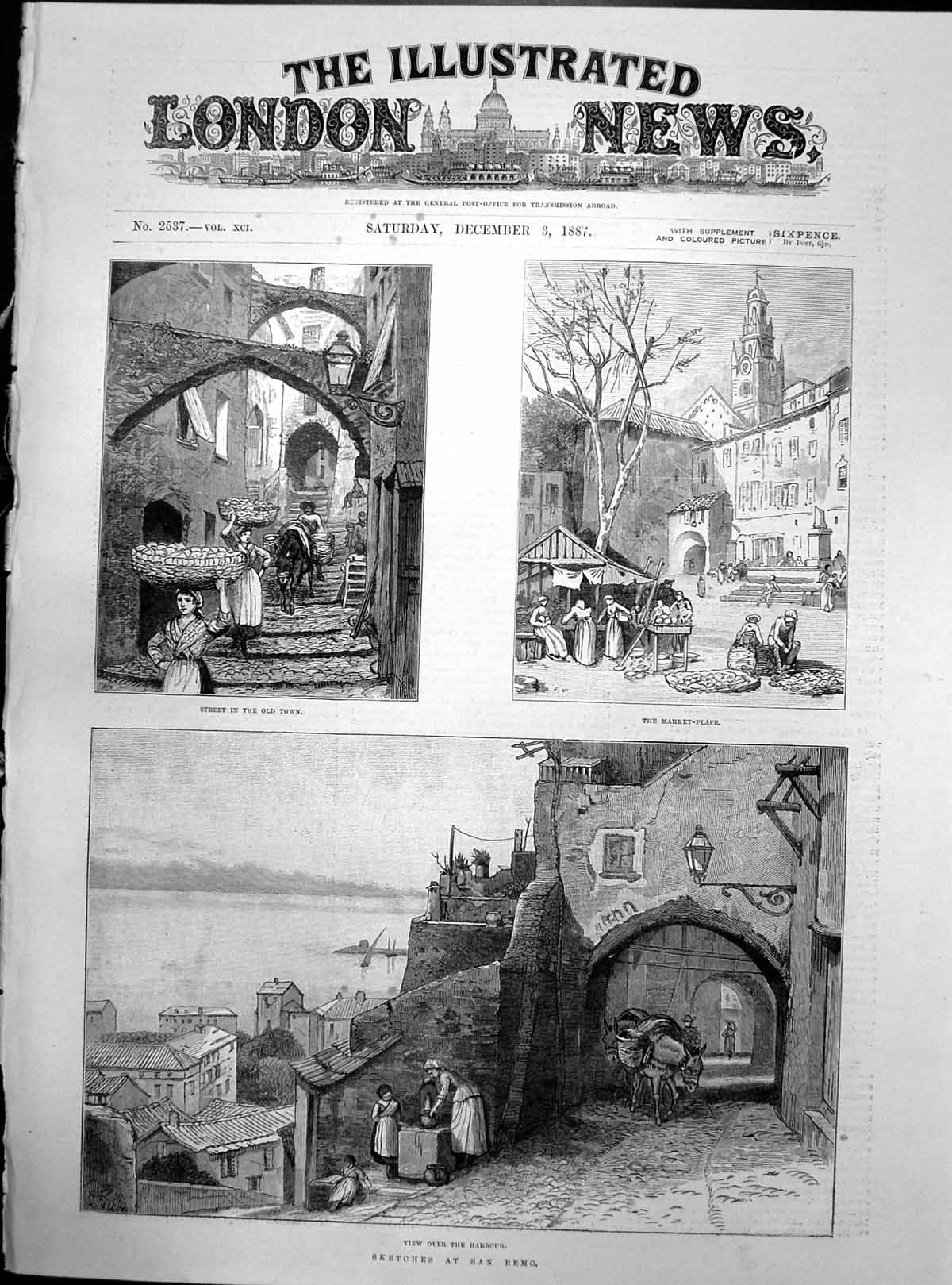 Original Old Antique Print San Remo Town Market Place View Over Harbour 1887