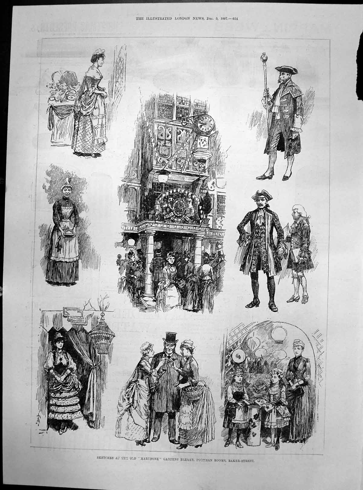 Antique Print Sketches Marybone Gardens Bazaar Portman Rooms Baker St 1887 19th