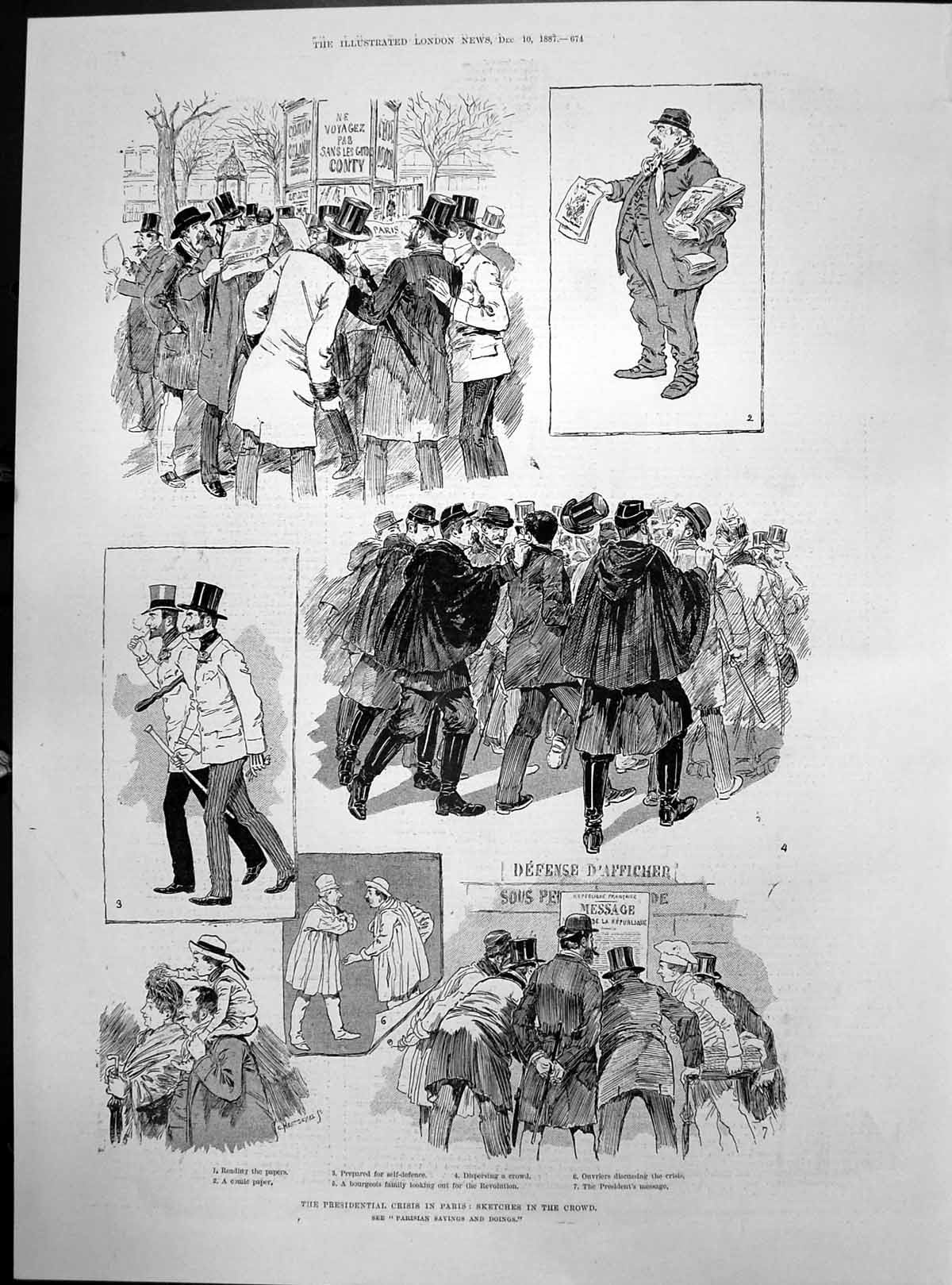 Old Presidential Crisis Paris Sketches Crowd Presidents Message 1887 Victorian