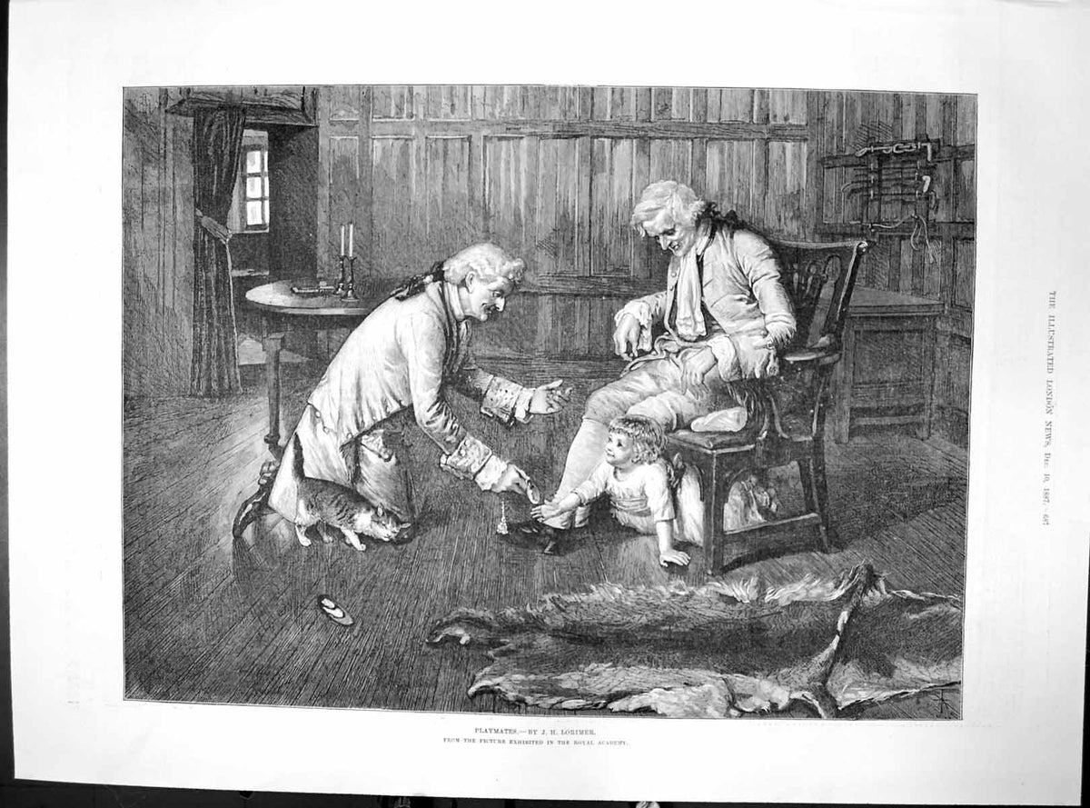 Antique Old Print Playmates Jh Lorimer Royal Academy Toddler Chair Cat 1887