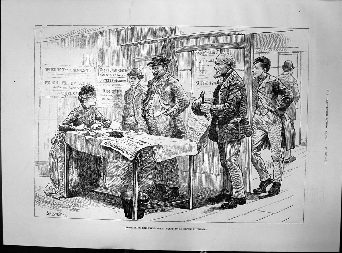 Antique Old Print Registering Unemployed Scene Fice Chelsea Woman Clerk 1887