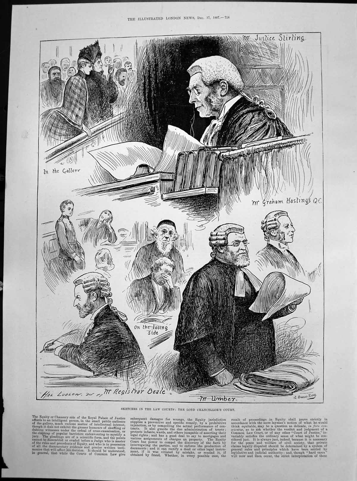 Antique Old Print Law Courts Lord Chancellors Court Graham Hastings Q C 1887