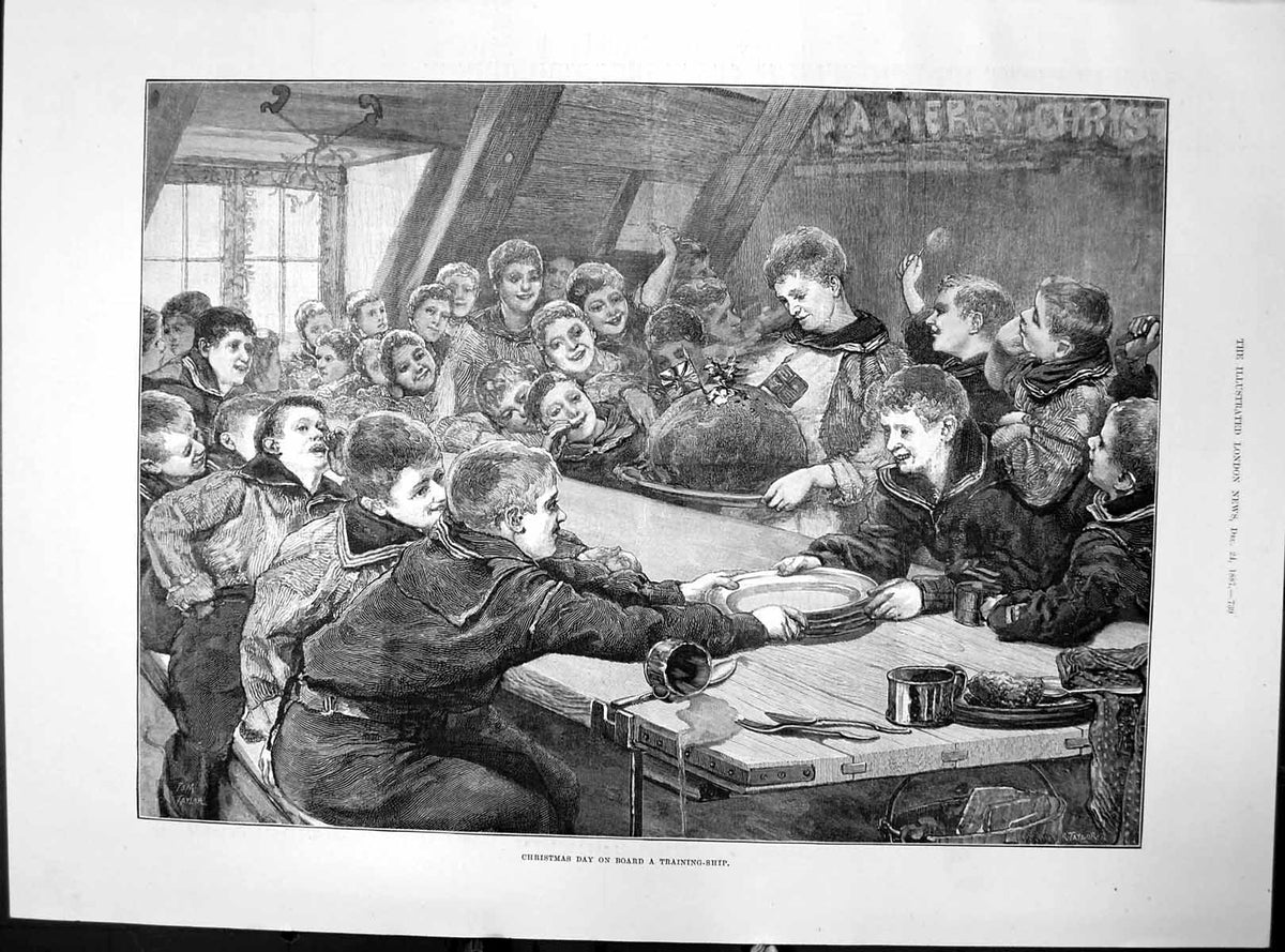 Antique Print Christmas Day On Board Training Ship Xmas Pudding Flags 1887 19th