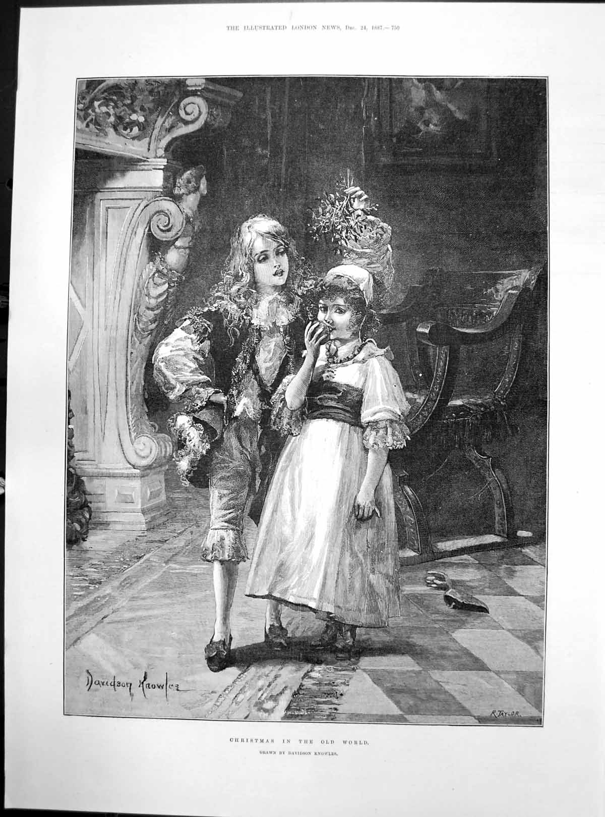 Original Old Antique Print Christmas World Davidson Knowles Boy Girl Apple 1887