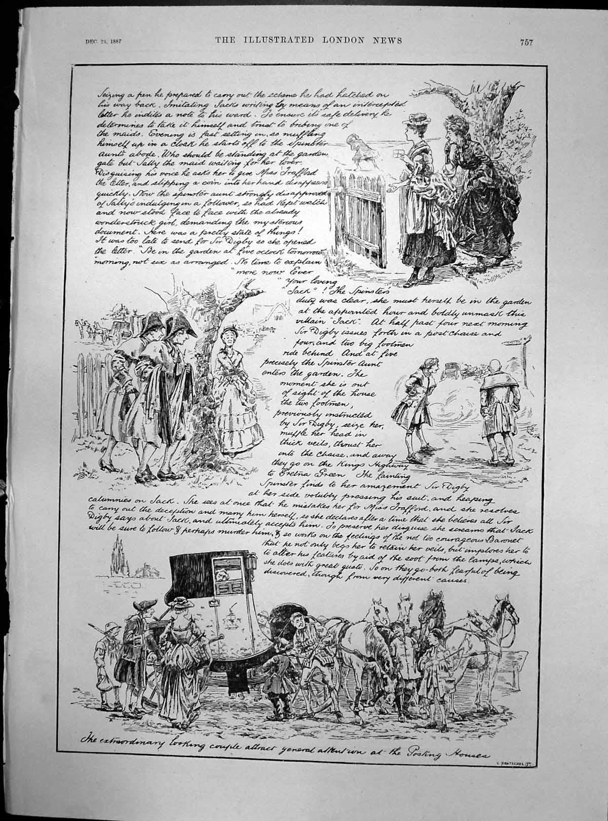 Original Old Antique Print Great Dumbleton Elopement Gretna Green Carriage 1887