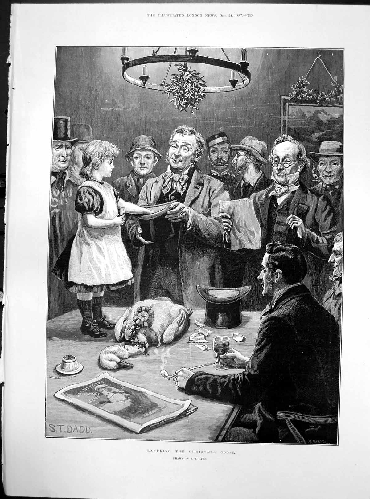 Antique Print Raffling Christmas Goose St Dadd Girl Table Tickets Hat 1887 19th