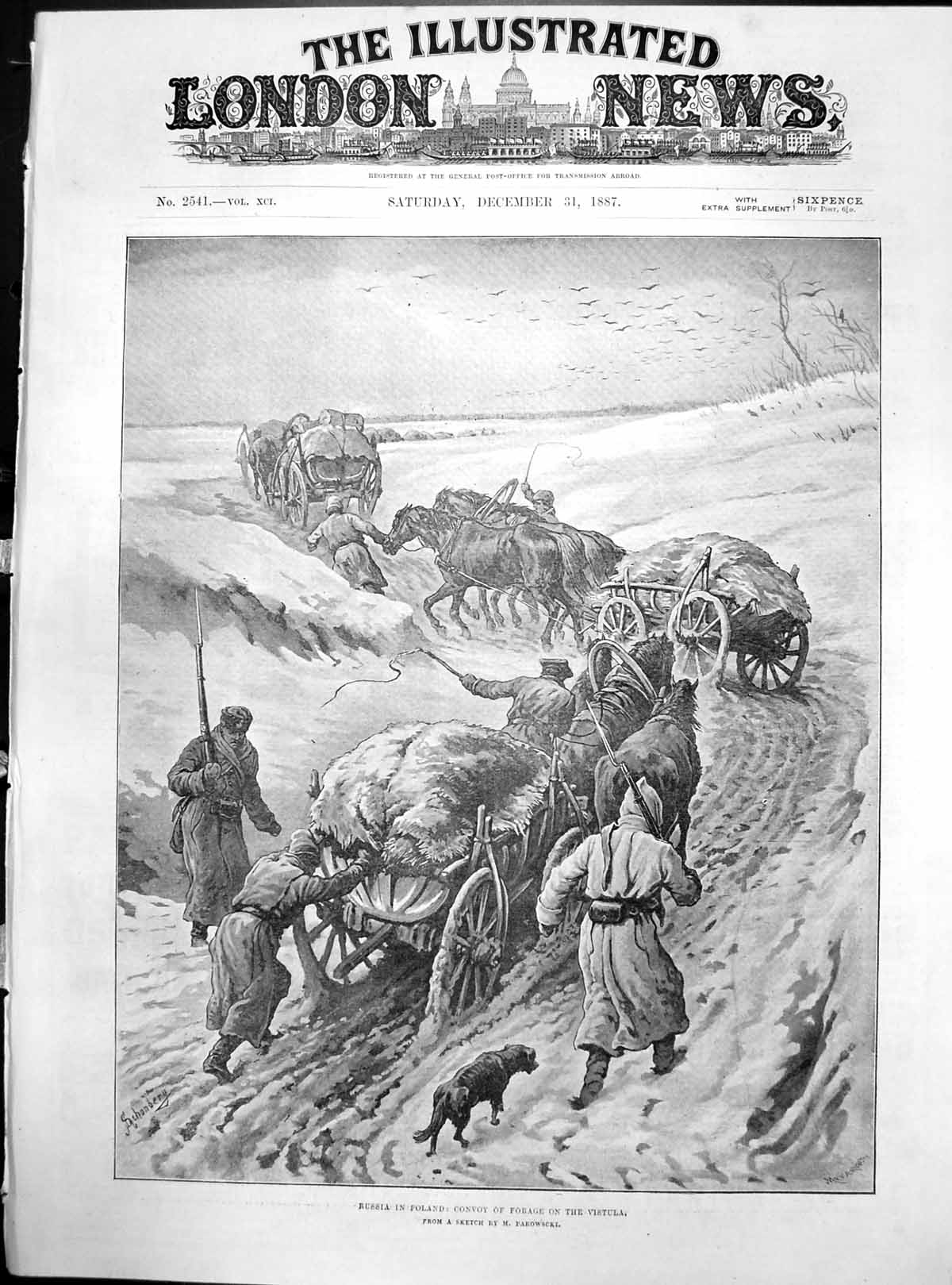 Old Antique Print Russia In Poland Convoy Forage Vistula M Parowscki 1887 19th