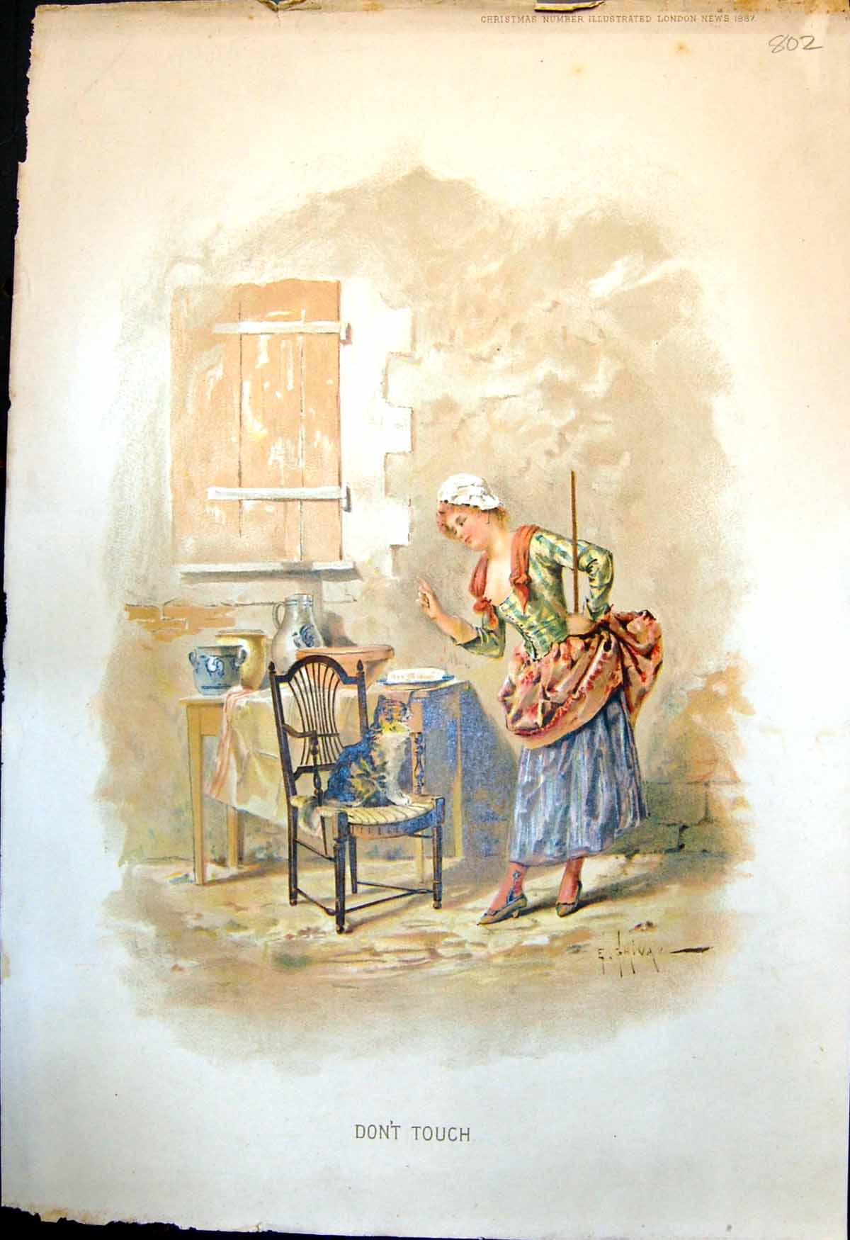 Antique Old Print Don'T Touch Servant Pointing Cat Not Touch Food Table 1887