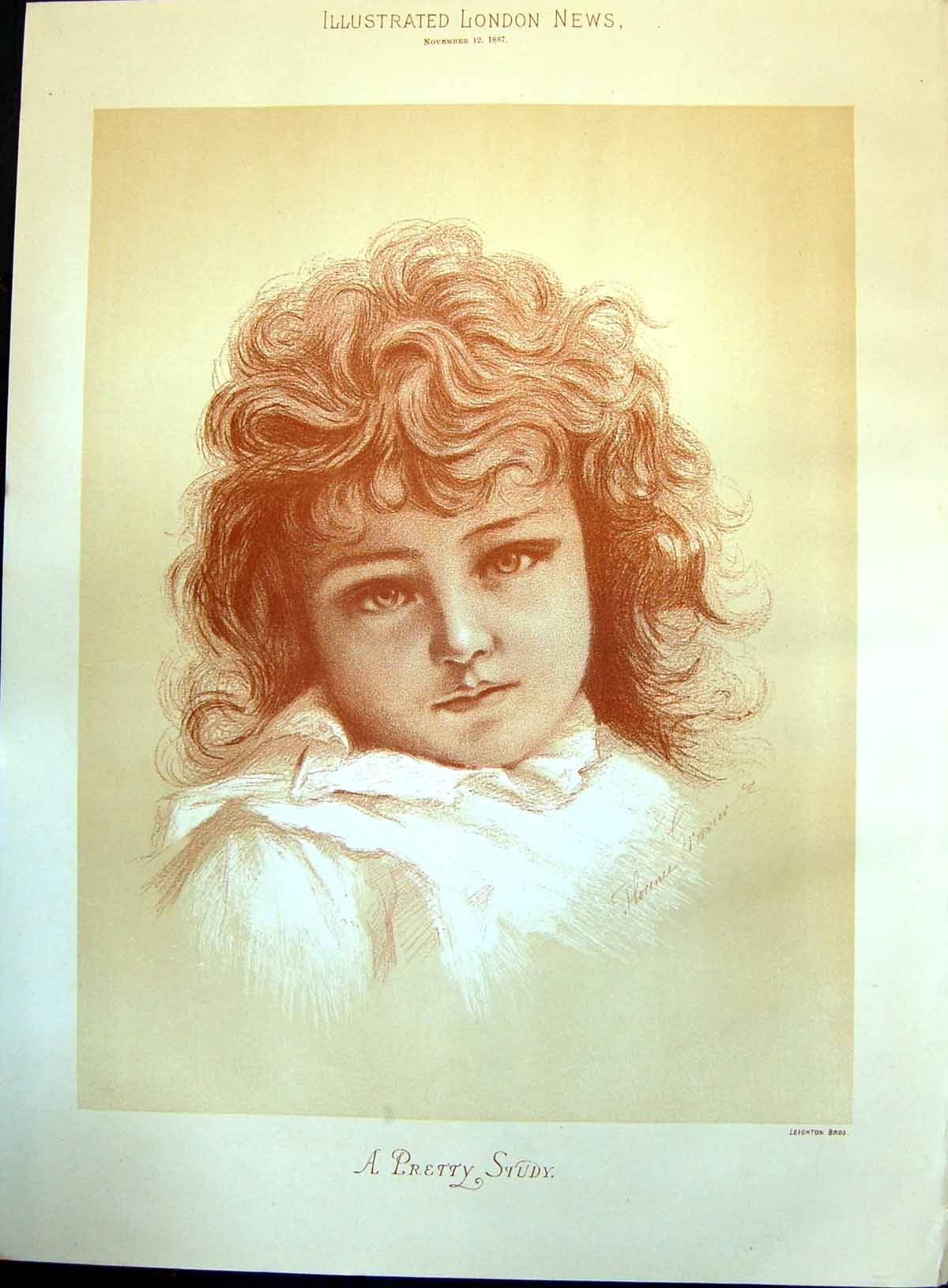 Antique Old Print Pretty Study Florence Gravier Portrait Girl Curly Hair 1887