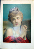 Original Old Antique Print Faith Portrait Young Woman Brown Curly Hair 1887