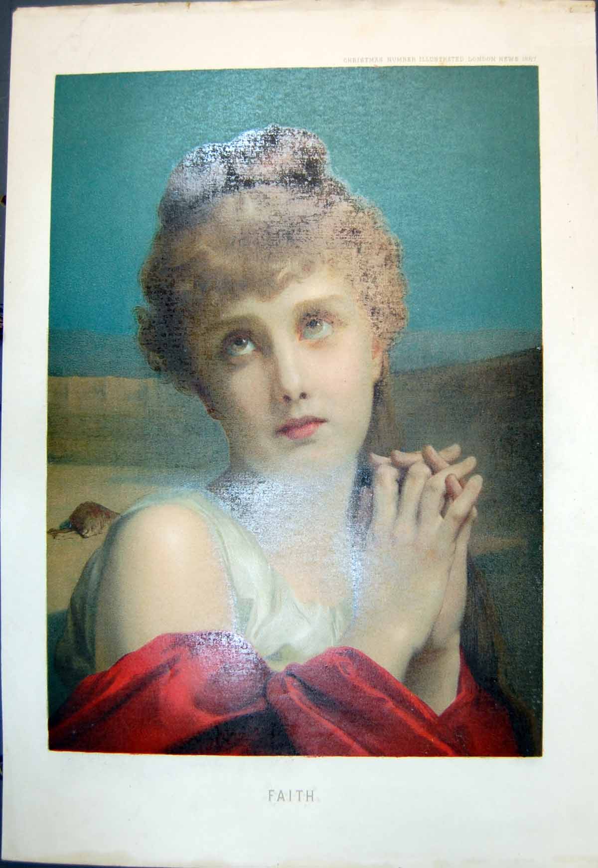 Original Old Antique Print Faith Portrait Young Woman Brown Curly Hair 1887