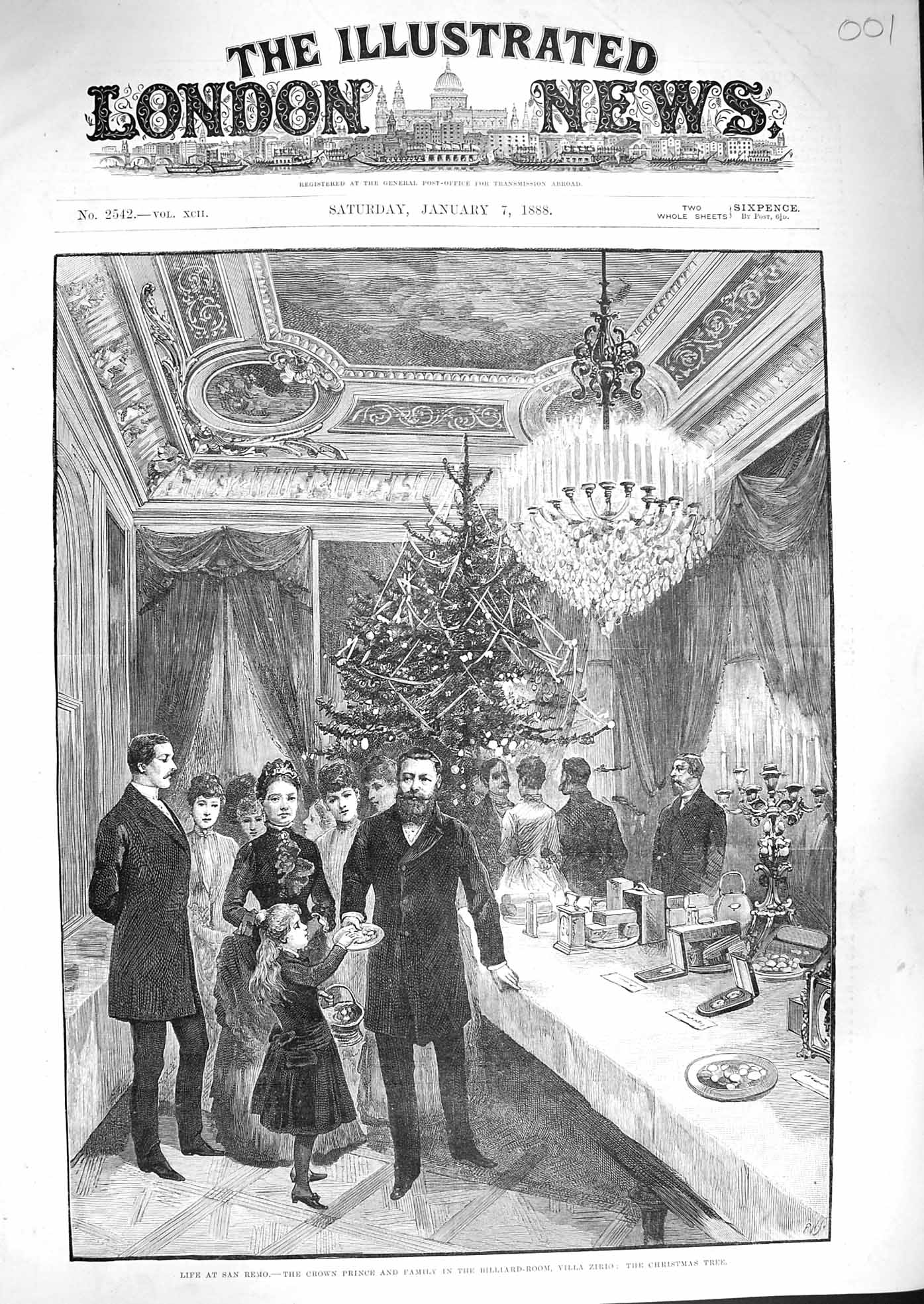 Original Old Antique Print 1888 San Remo Crown Prince Billiard Room Villa Zirio
