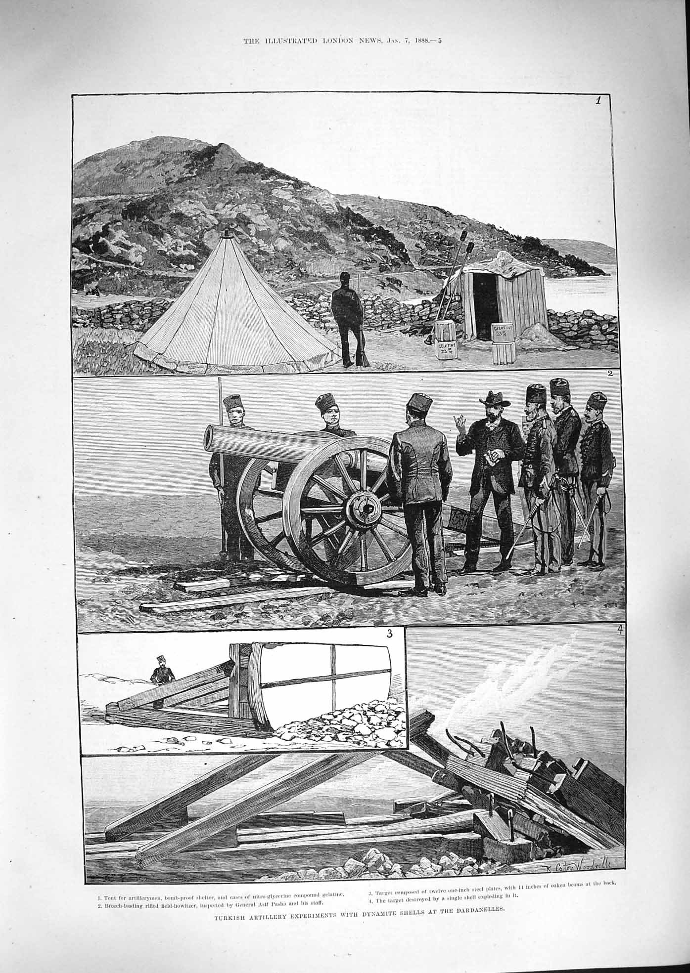 Antique Print *3388 1888 Turkish Artillery Experiments Dynamite Dardanelles