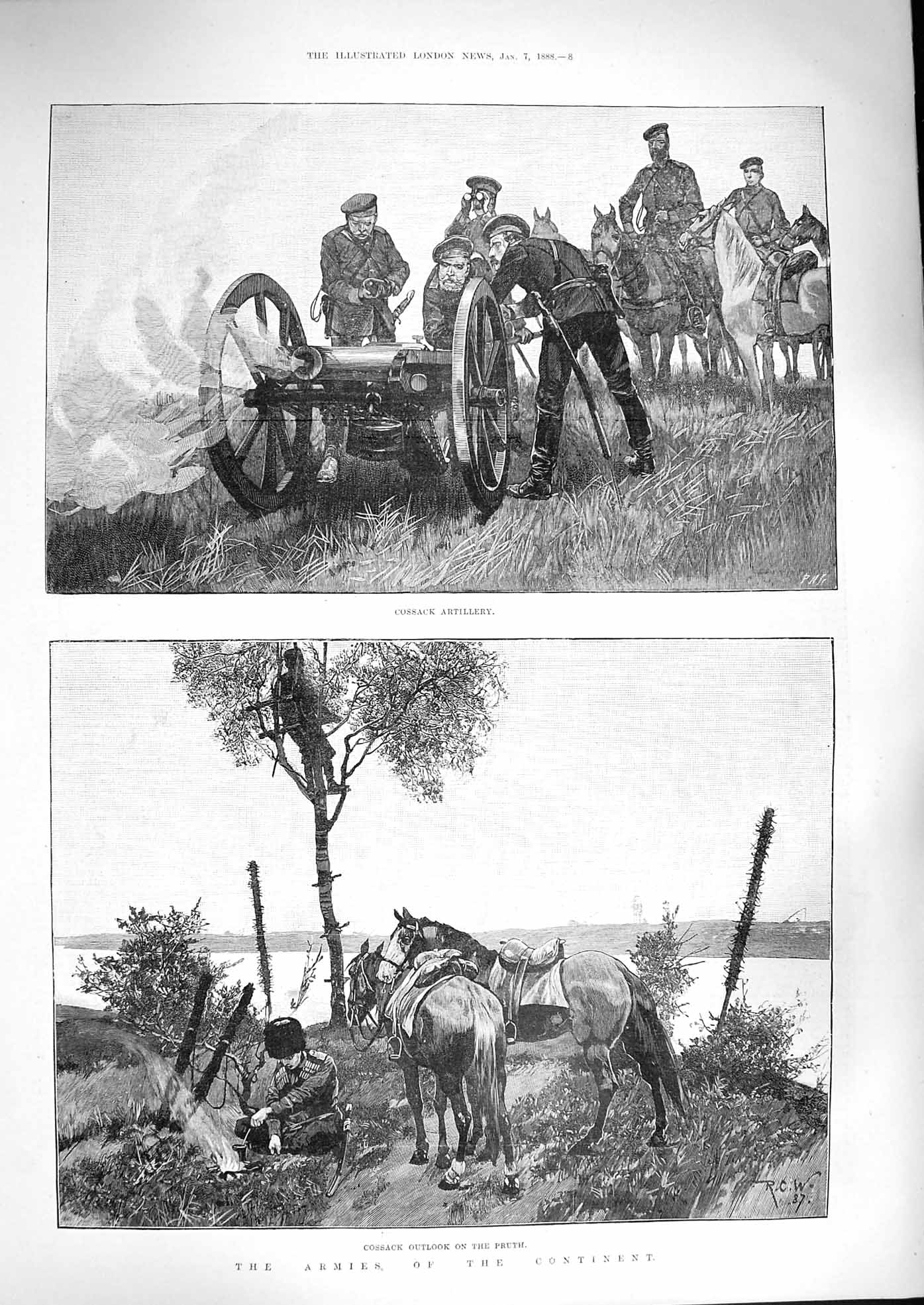 Original Old Antique Print 1888 Siers War Cossack Artillery Pruth Horses 19th