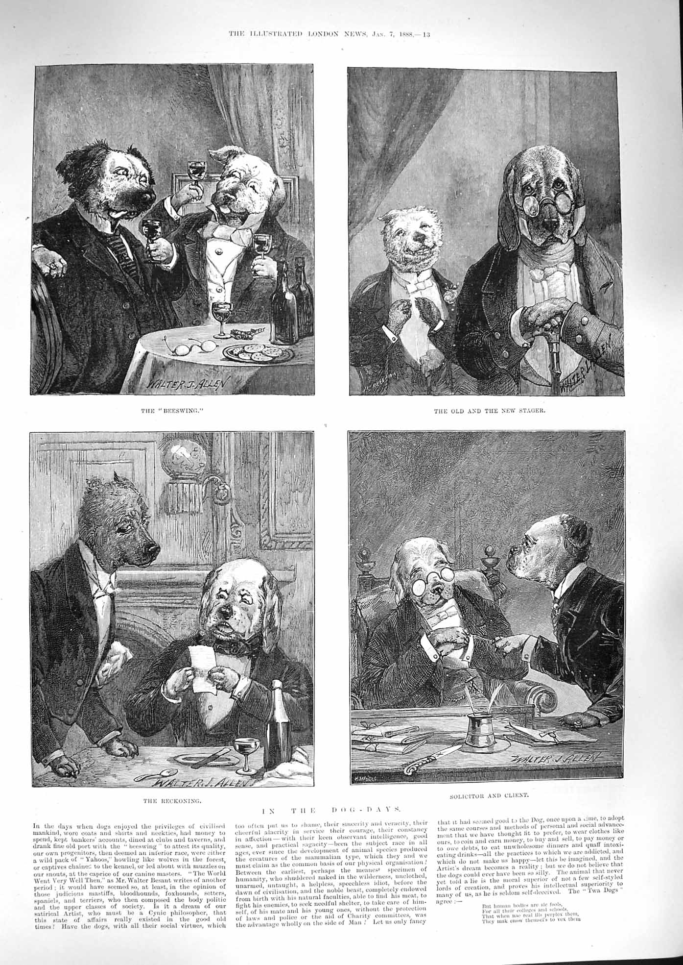 Old Antique Print 1888 Dog Days Comedy Solicitor Client Stager Drinking 19th