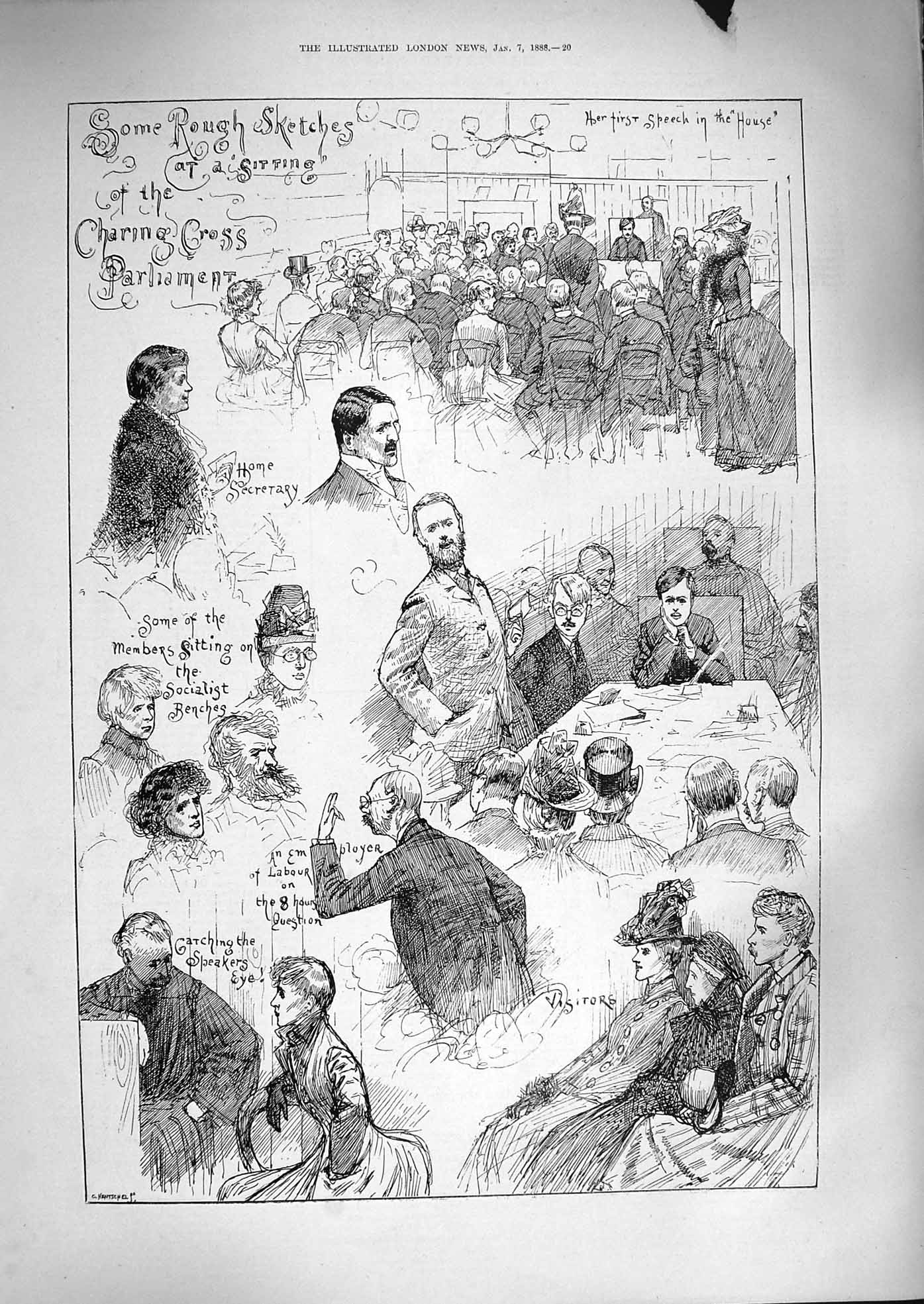 Original Old Antique Print 1888 Charing Cross Parliament House Speaker Ladies