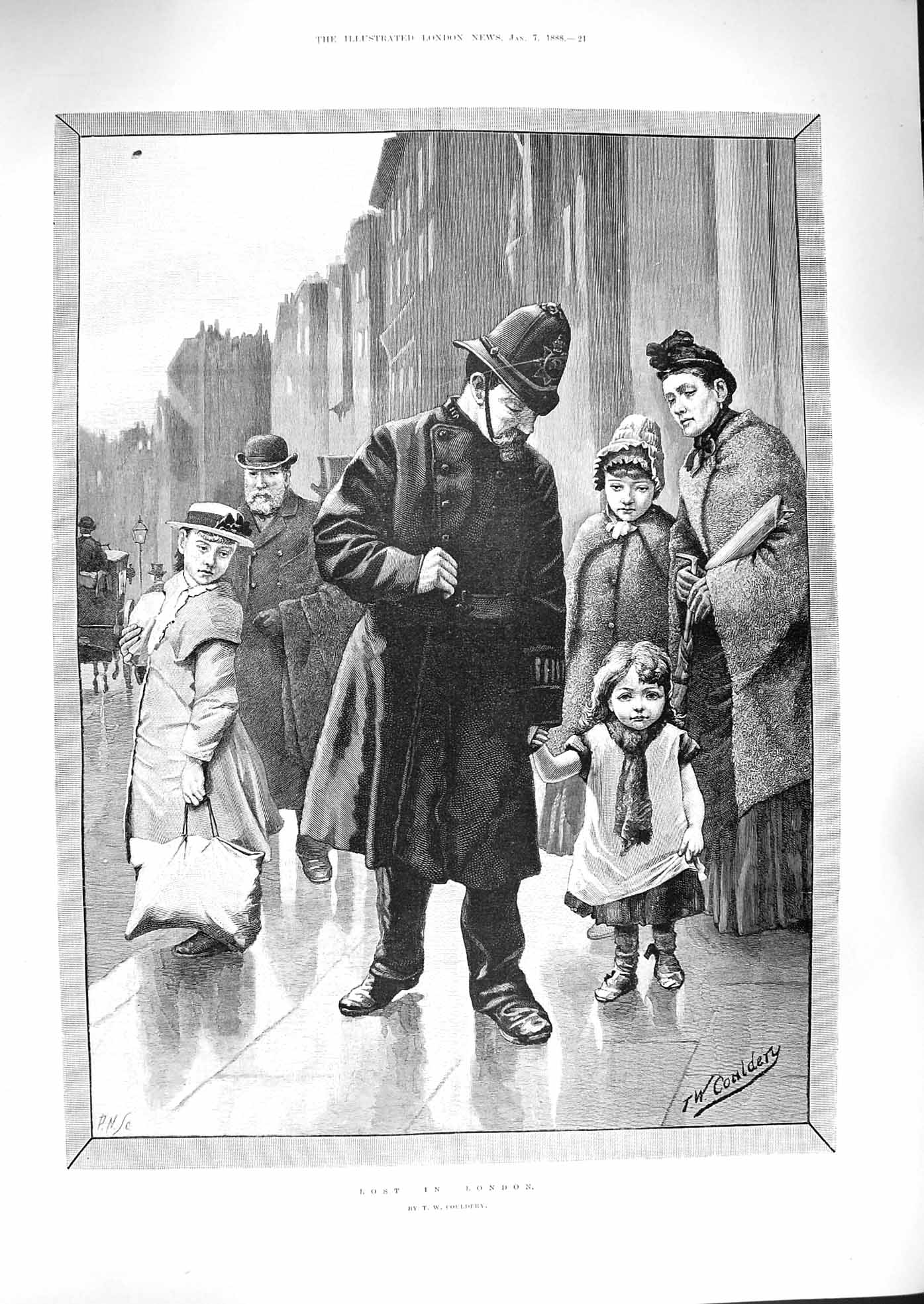 Original Old Antique Print 1888 Little Lost Girl London Policeman Fine Art 19th