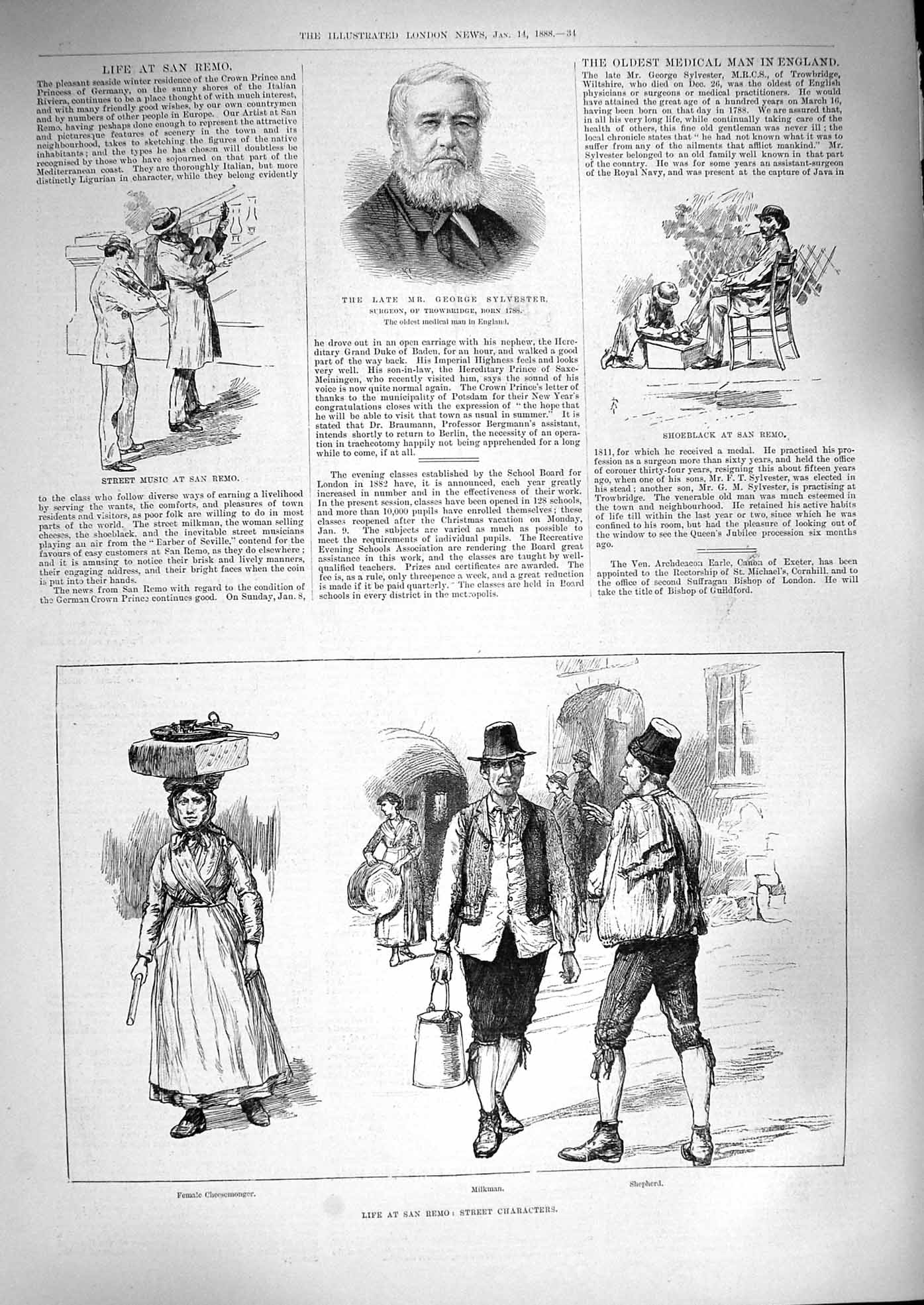 Old Antique Print 1888 San Remo Milkman Shepherd Cheesemonger Sylvester 19th