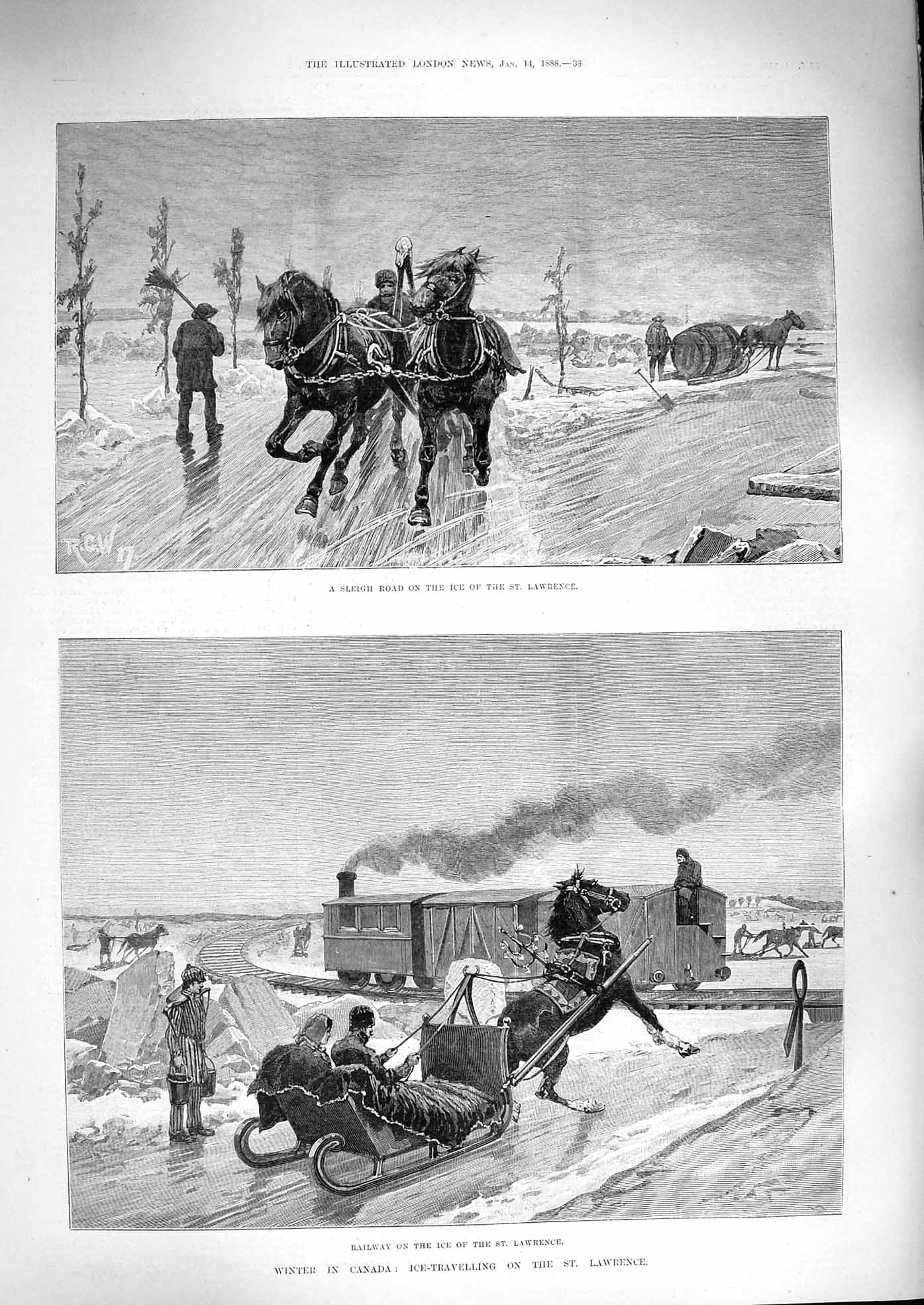 Original Old Antique Print 1888 Winter Canada Ice St. Lawrence Sleigh Railway