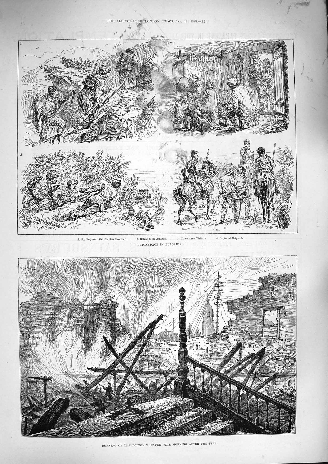 Original Old Antique Print 1888 Fire Bolton Theatre Bulgaria Siers Brigands