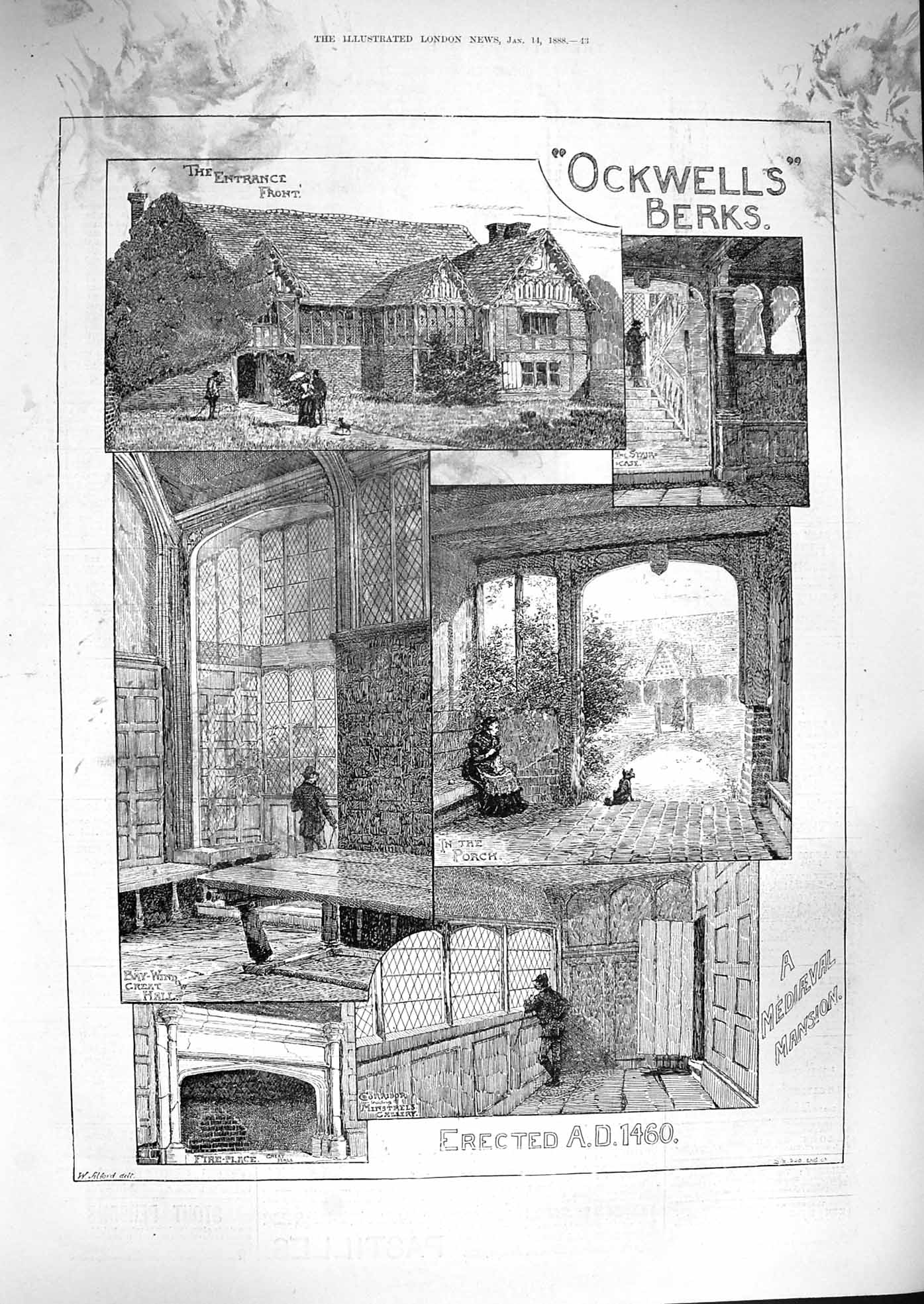 Original Old Antique Print Damaged 1888 Ockwells Berks Mediaeval Mansion 19th