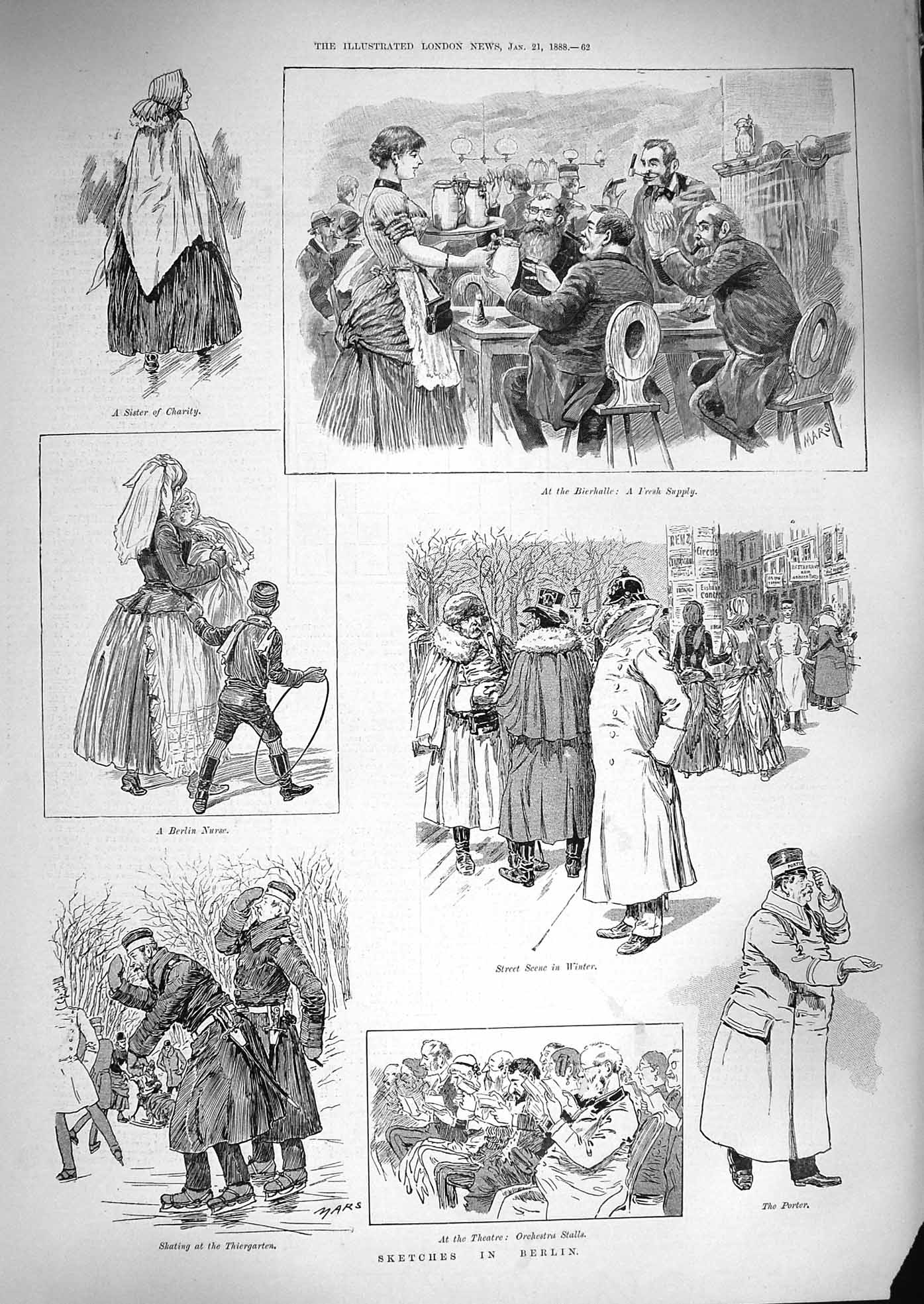 Old Antique Print 1888 Berlin Sister Charity Porter Skating Theatre Music 19th