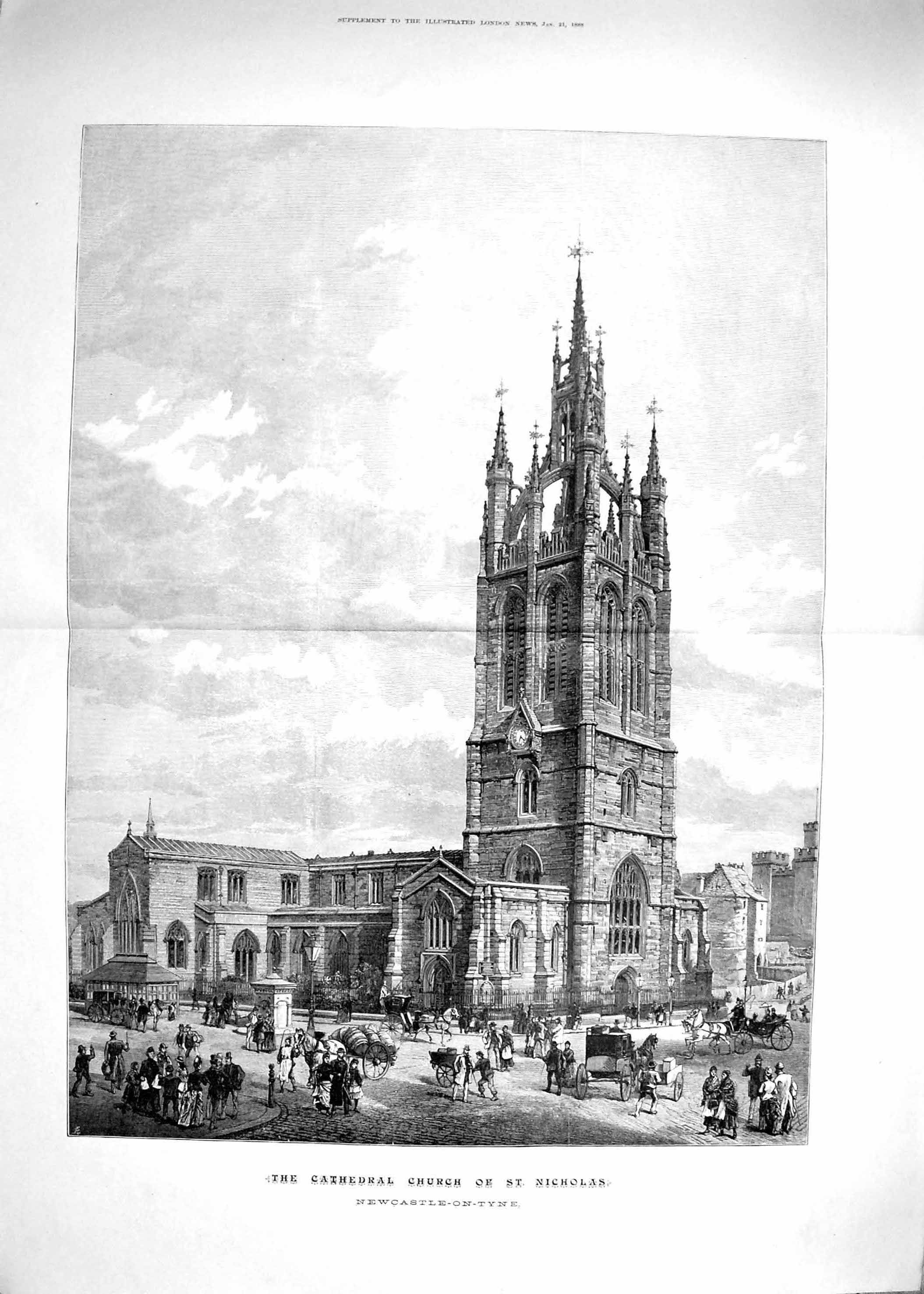 Old Antique Print 1888 Exterior Cathedral Church Nicholas Architecture 0 19th